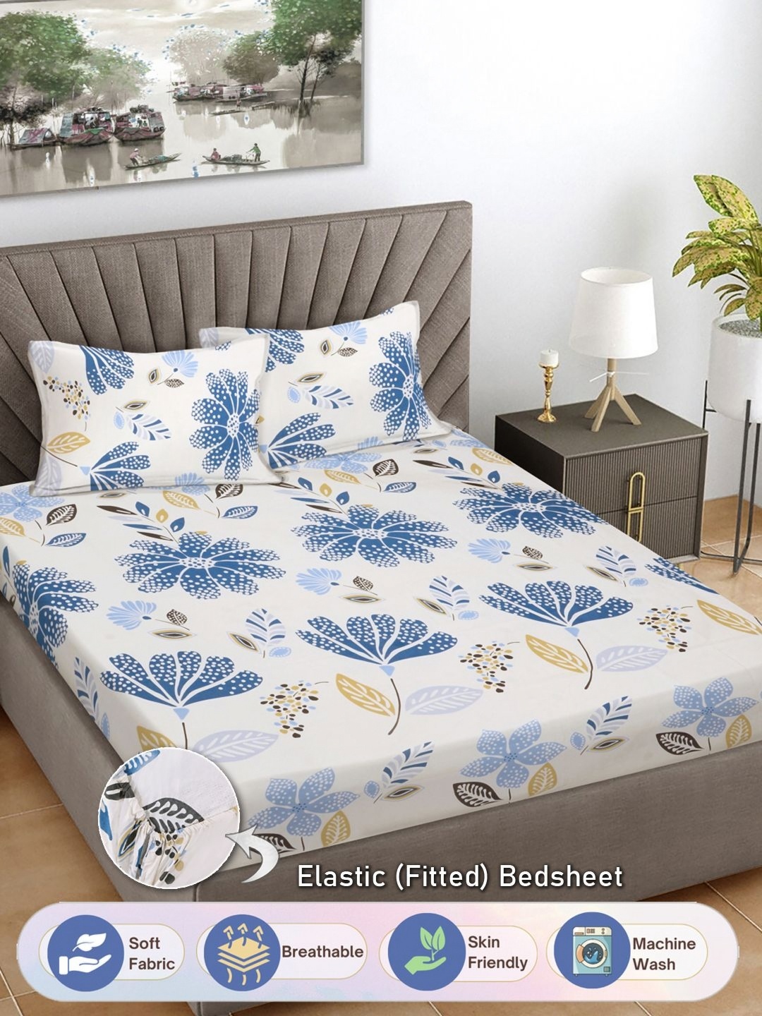 FABINALIV White & Blue Floral Print 300 TC Fitted King Bedsheet & 2 Pillow Covers
FABINALIV White & Blue Floral Print 300 TC Fitted King Bedsheet & 2 Pillow Covers