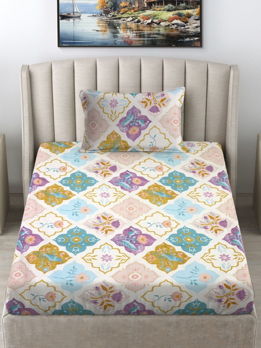 FABINALIV White & Purple Geometric Printed 300 TC Single Bedsheet With 1 Pillow Cover
FABINALIV White & Purple Geometric Printed 300 TC Single Bedsheet With 1 Pillow Cover
