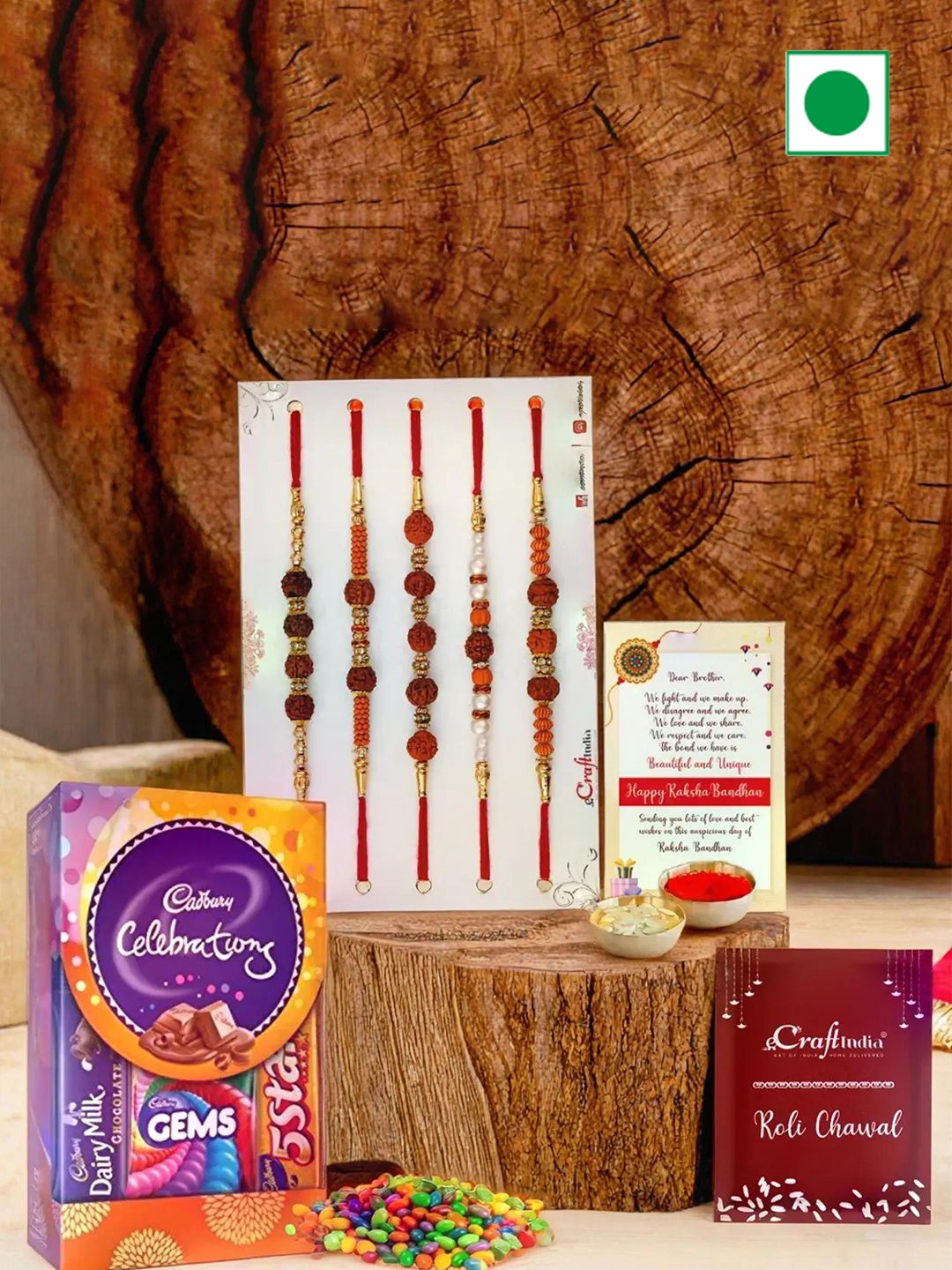 eCraftIndia Set of 5 Rudraksha Rakhis with Chocolates & Greeting Card with Roli Chawal, Red
eCraftIndia Set of 5 Rudraksha Rakhis with Chocolates & Greeting Card with Roli Chawal, Red