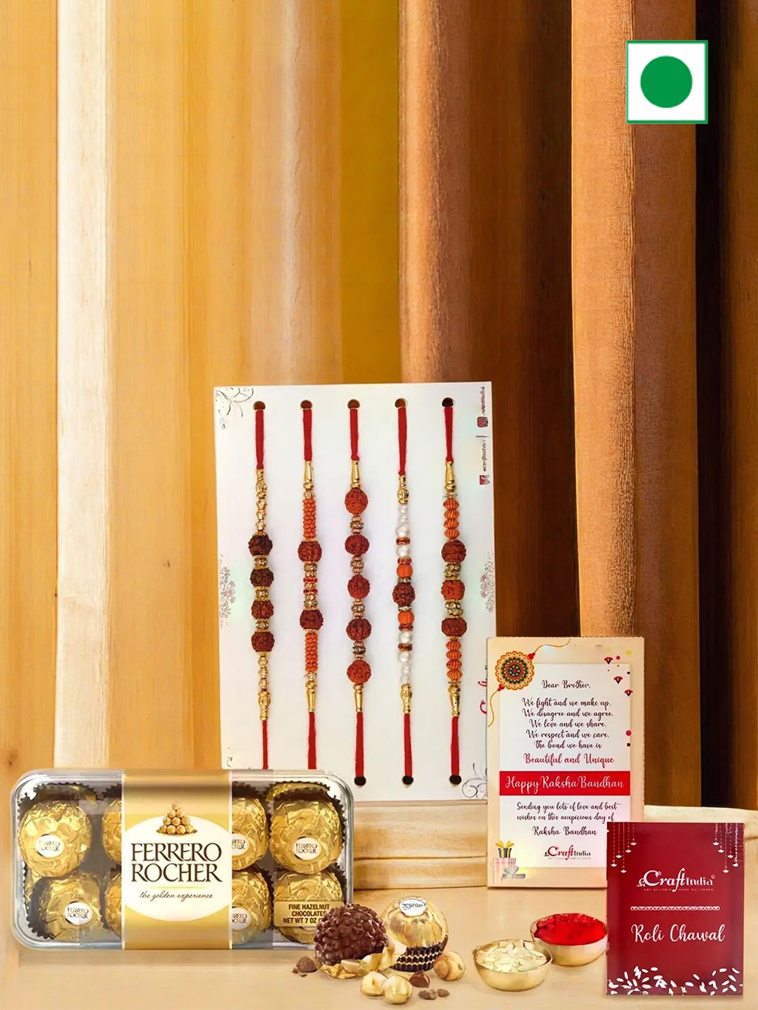 eCraftIndia 5Pcs Rakhi With 16Pcs Chocolate & Card With Roli Chawal Chocolate Gift Set, Brown
eCraftIndia 5Pcs Rakhi With 16Pcs Chocolate & Card With Roli Chawal Chocolate Gift Set, Brown
