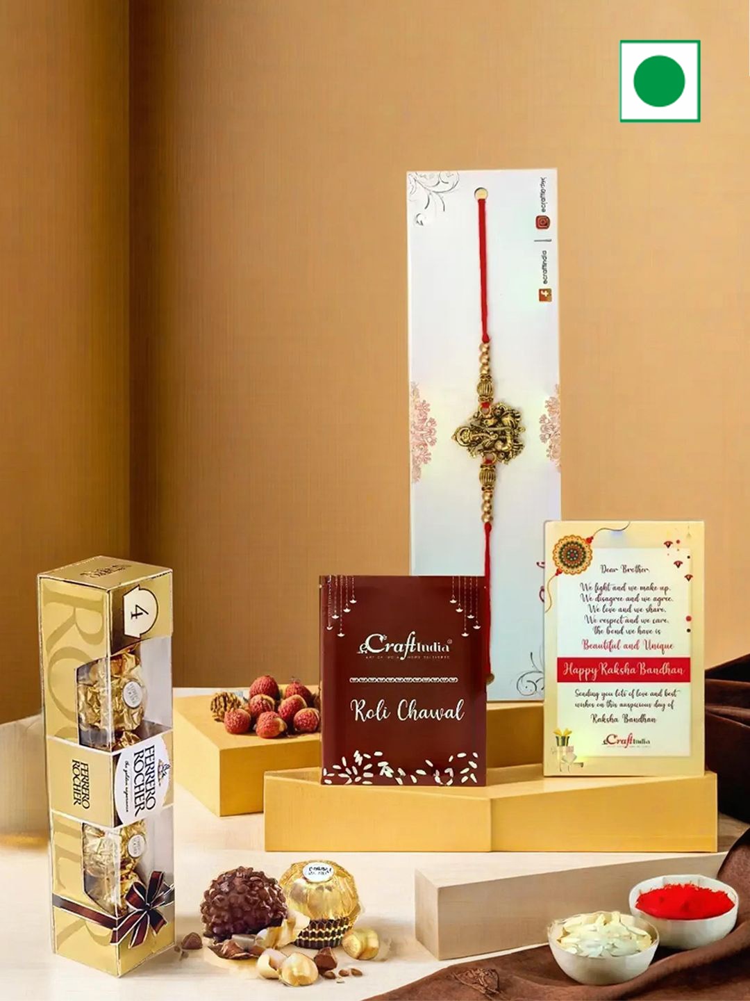 eCraftIndia 4 Pieces Rakhi With Chocolate Box & Card With Roli Chawal Chocolate Gift Set, Red
eCraftIndia 4 Pieces Rakhi With Chocolate Box & Card With Roli Chawal Chocolate Gift Set, Red