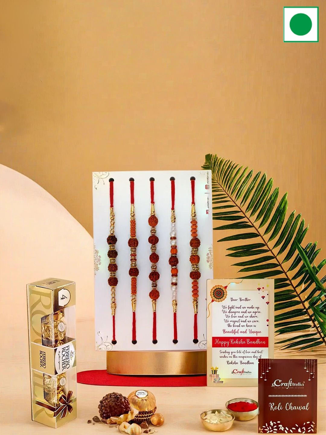 eCraftIndia Set of 5 Beads Rudraksha Rakhi With Ferrero Rocher Chocolate Gift Set, Brown
eCraftIndia Set of 5 Beads Rudraksha Rakhi With Ferrero Rocher Chocolate Gift Set, Brown