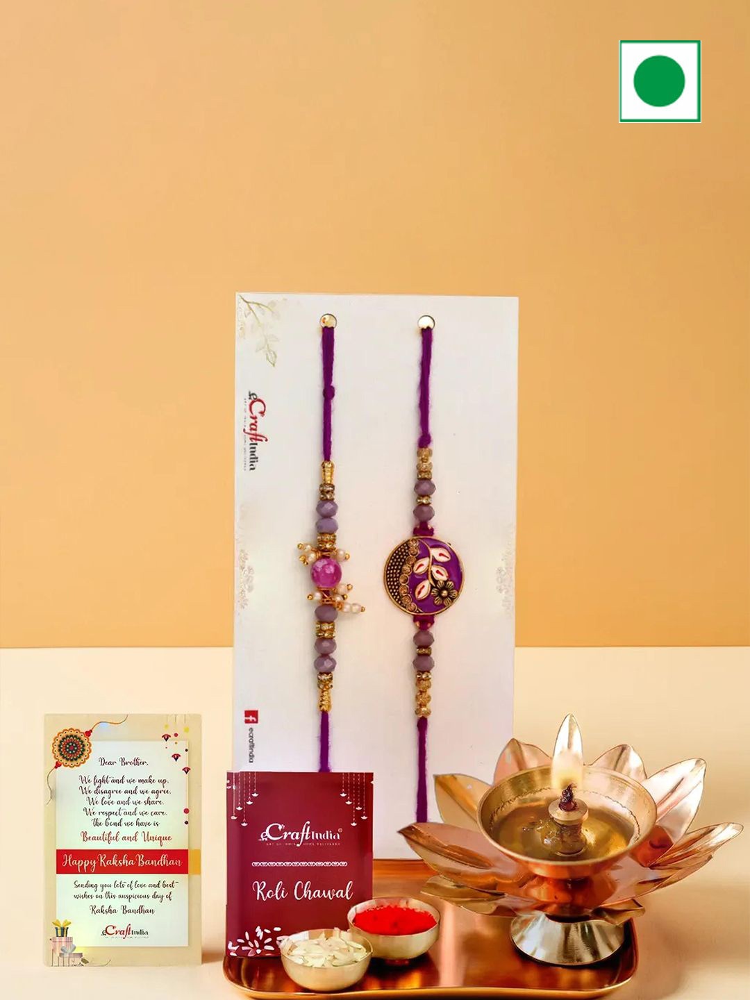 eCraftIndia Set of 3 Floral Pearl Designer Rakhis for Brothers With Flower Decorative Diya, Purple
eCraftIndia Set of 3 Floral Pearl Designer Rakhis for Brothers With Flower Decorative Diya, Purple