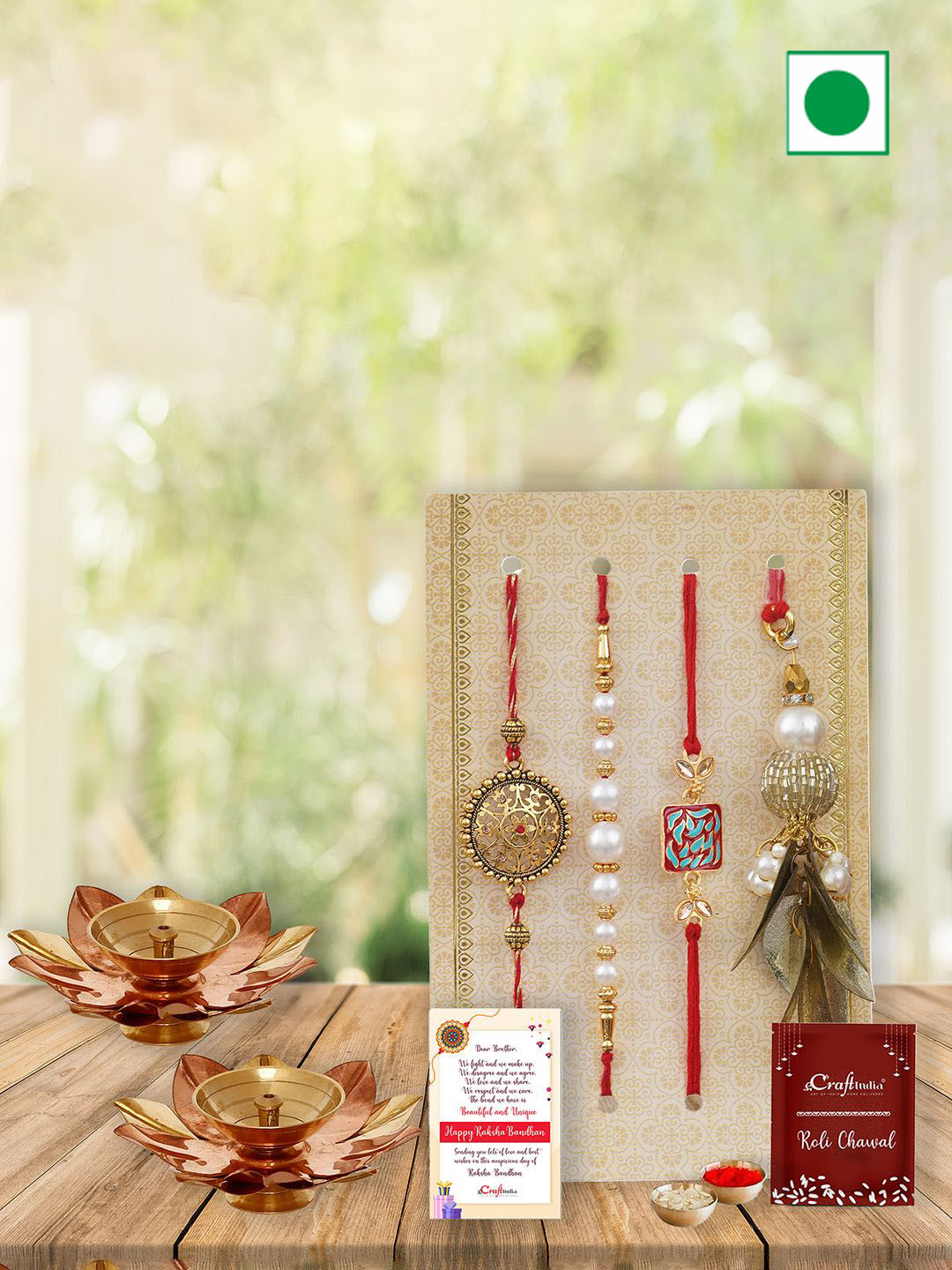 eCraftIndia Set of 4 Floral Lumba Designer Rakhis With Decorative Diya, Gold
eCraftIndia Set of 4 Floral Lumba Designer Rakhis With Decorative Diya, Gold