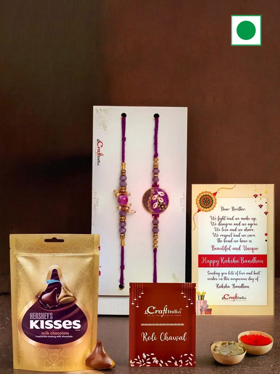 eCraftIndia Set of 2 Beaded Rakhis with Chocolate & Greeting Card with Roli Chawal, Purple
eCraftIndia Set of 2 Beaded Rakhis with Chocolate & Greeting Card with Roli Chawal, Purple
