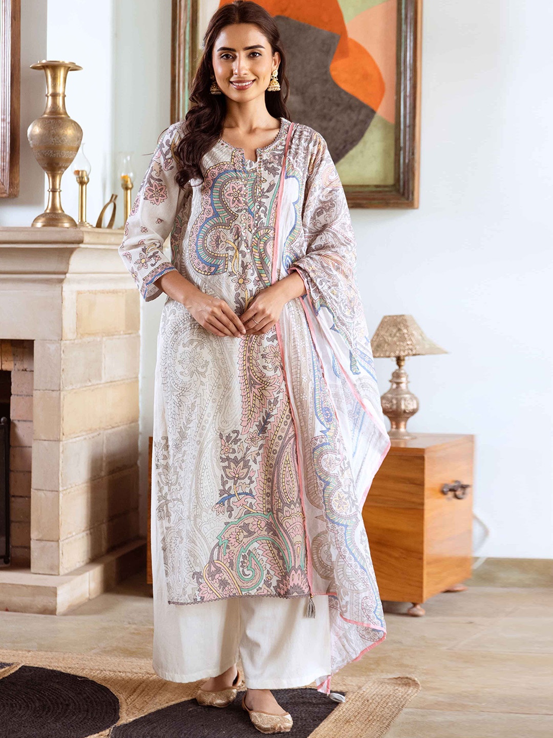 Nehamta Women Ethnic Motifs Printed Regular Mirror Work Pure Cotton Kurta with Palazzos & With Dupatta, Off white
Nehamta Women Ethnic Motifs Printed Regular Mirror Work Pure Cotton Kurta with Palazzos & With Dupatta, Off white
