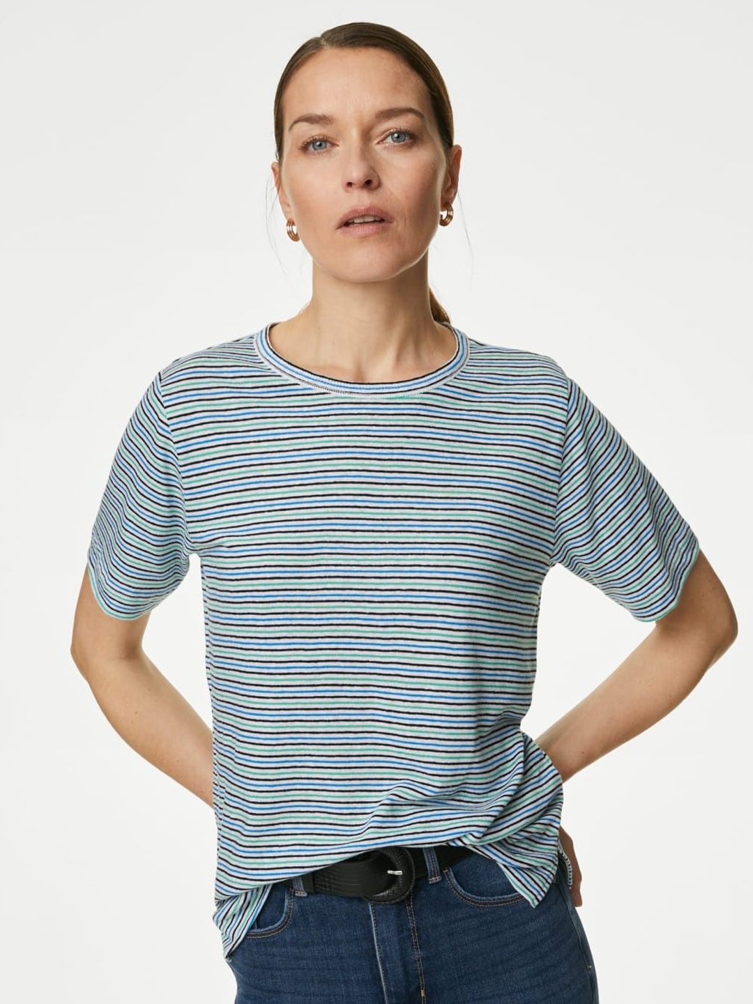 Marks & Spencer Women Striped Drop-Shoulder Sleeves Linen Blend Cut Outs T-shirt, Green
Marks & Spencer Women Striped Drop-Shoulder Sleeves Linen Blend Cut Outs T-shirt, Green