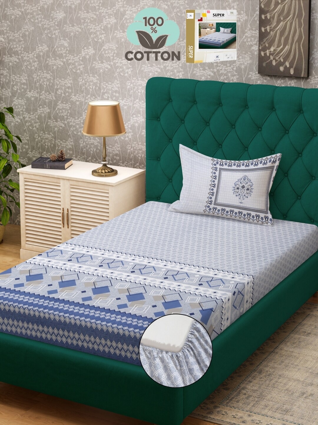 KLOTTHE White Printed 400 TC Pure Cotton Single Bed Fitted Bedsheet With 1 Pillow Cover
KLOTTHE White Printed 400 TC Pure Cotton Single Bed Fitted Bedsheet With 1 Pillow Cover