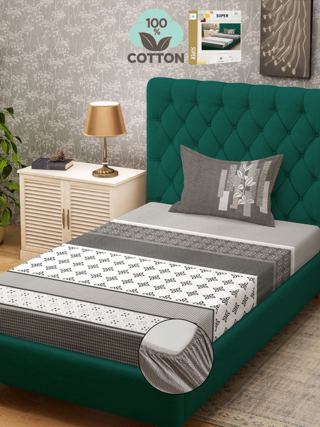 KLOTTHE Grey Printed 400 TC Pure Cotton Single Bed Fitted Bedsheet With 1 Pillow Cover
KLOTTHE Grey Printed 400 TC Pure Cotton Single Bed Fitted Bedsheet With 1 Pillow Cover