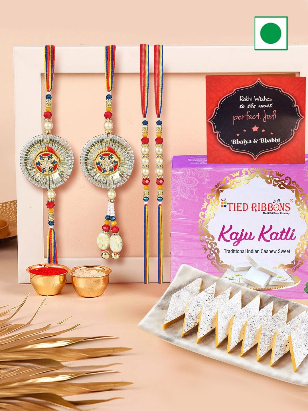 TIED RIBBONS Set Of 4 Stone-Studded & Beaded Rakhi With Roli Rice & Greeting Sweets Gifts, Gold
TIED RIBBONS Set Of 4 Stone-Studded & Beaded Rakhi With Roli Rice & Greeting Sweets Gifts, Gold