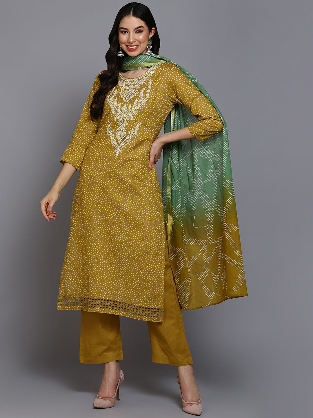 KALINI Bandhani Embroidered Thread Work Pure Cotton Kurta Trousers & With Dupatta, Mustard
KALINI Bandhani Embroidered Thread Work Pure Cotton Kurta Trousers & With Dupatta, Mustard