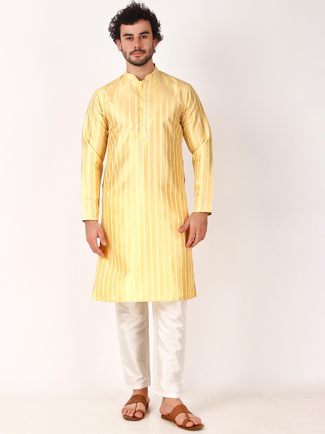 Koshin Striped Mandarin Collar Regular Thread Work Straight Kurta With Pyjamas, Yellow
Koshin Striped Mandarin Collar Regular Thread Work Straight Kurta With Pyjamas, Yellow