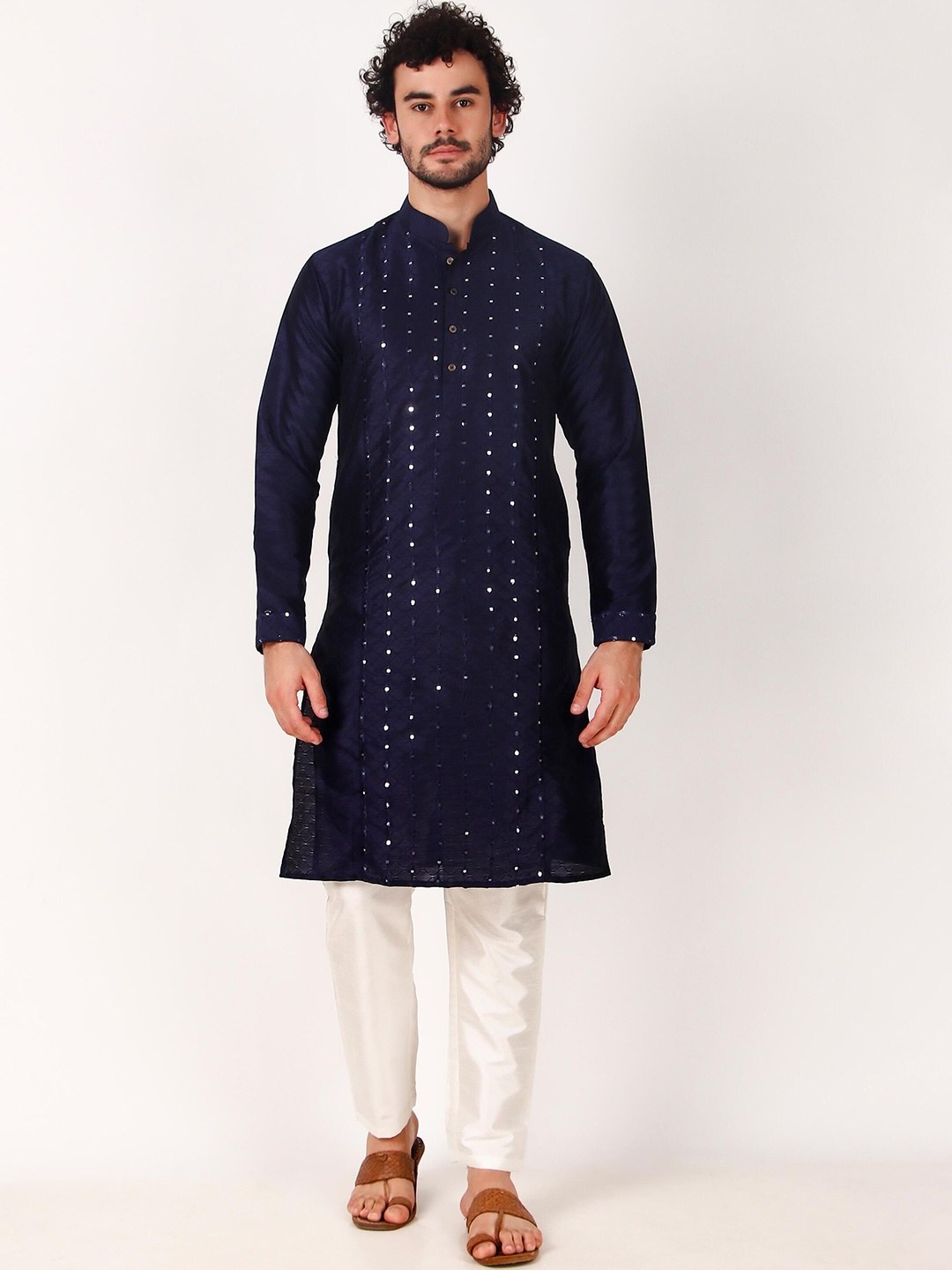 Koshin Embroidered Mandarin Collar Regular Mirror Work Straight Kurta With Pyjamas, Navy blue
Koshin Embroidered Mandarin Collar Regular Mirror Work Straight Kurta With Pyjamas, Navy blue