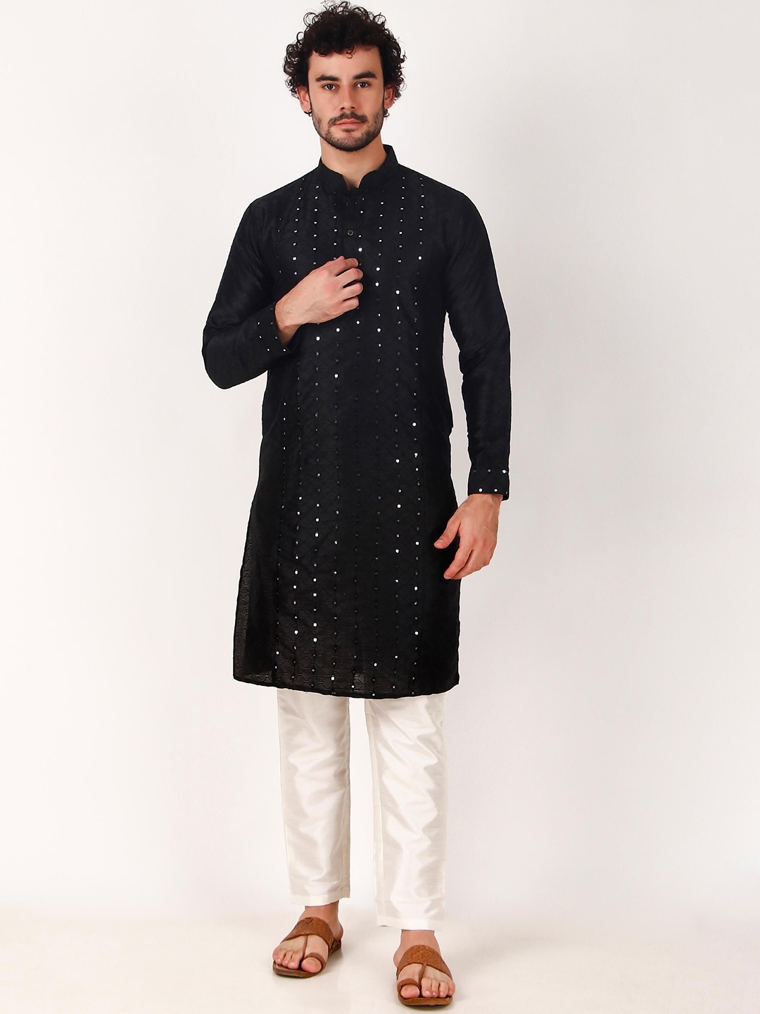 Koshin Embroidered Mandarin Collar Regular Mirror Work Straight Kurta With Pyjamas, Black
Koshin Embroidered Mandarin Collar Regular Mirror Work Straight Kurta With Pyjamas, Black