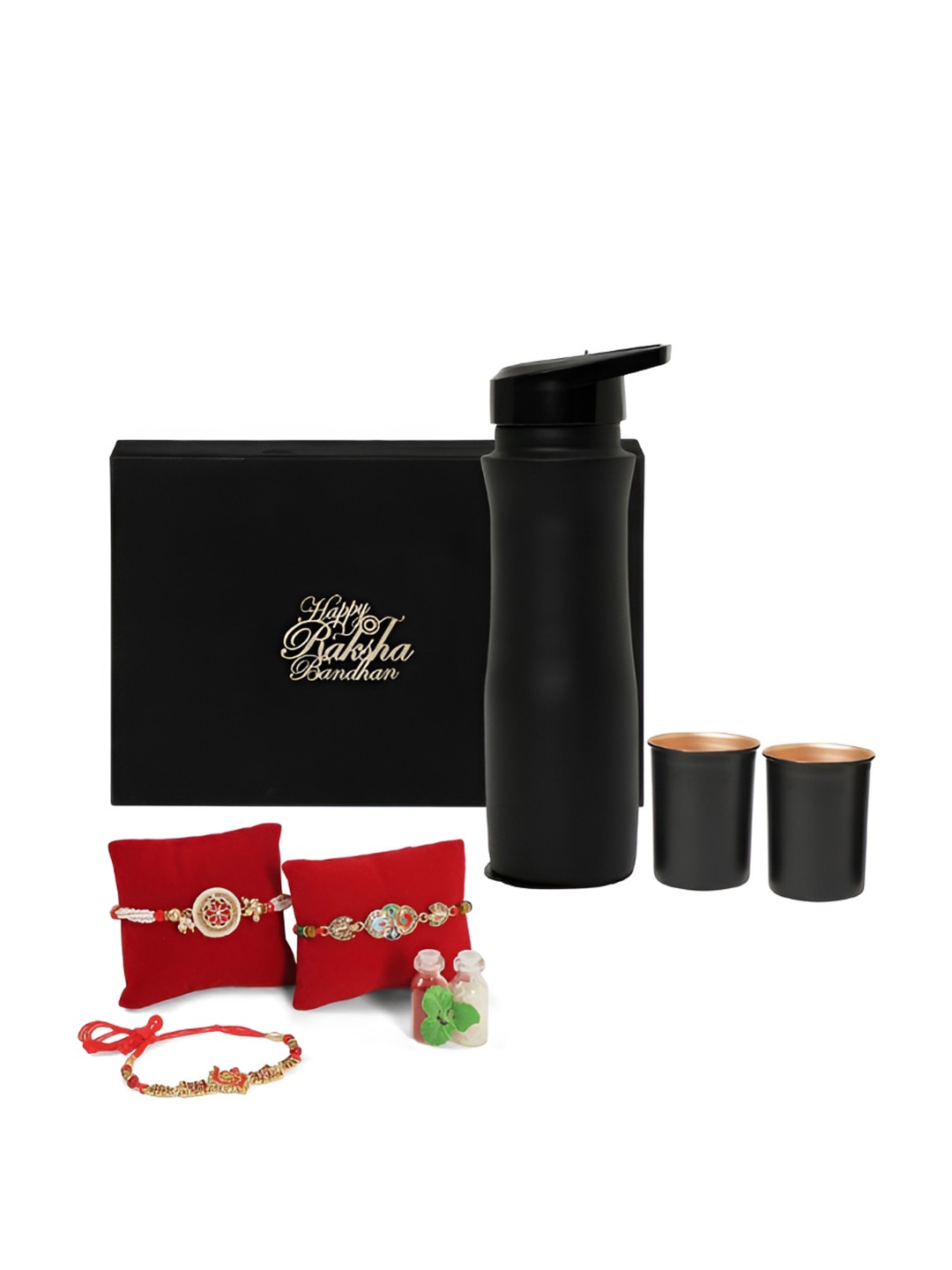INTERNATIONAL GIFT Set Of 5 Rakhis With Water Bottle Set & Roli Tika Chawal, Black
INTERNATIONAL GIFT Set Of 5 Rakhis With Water Bottle Set & Roli Tika Chawal, Black