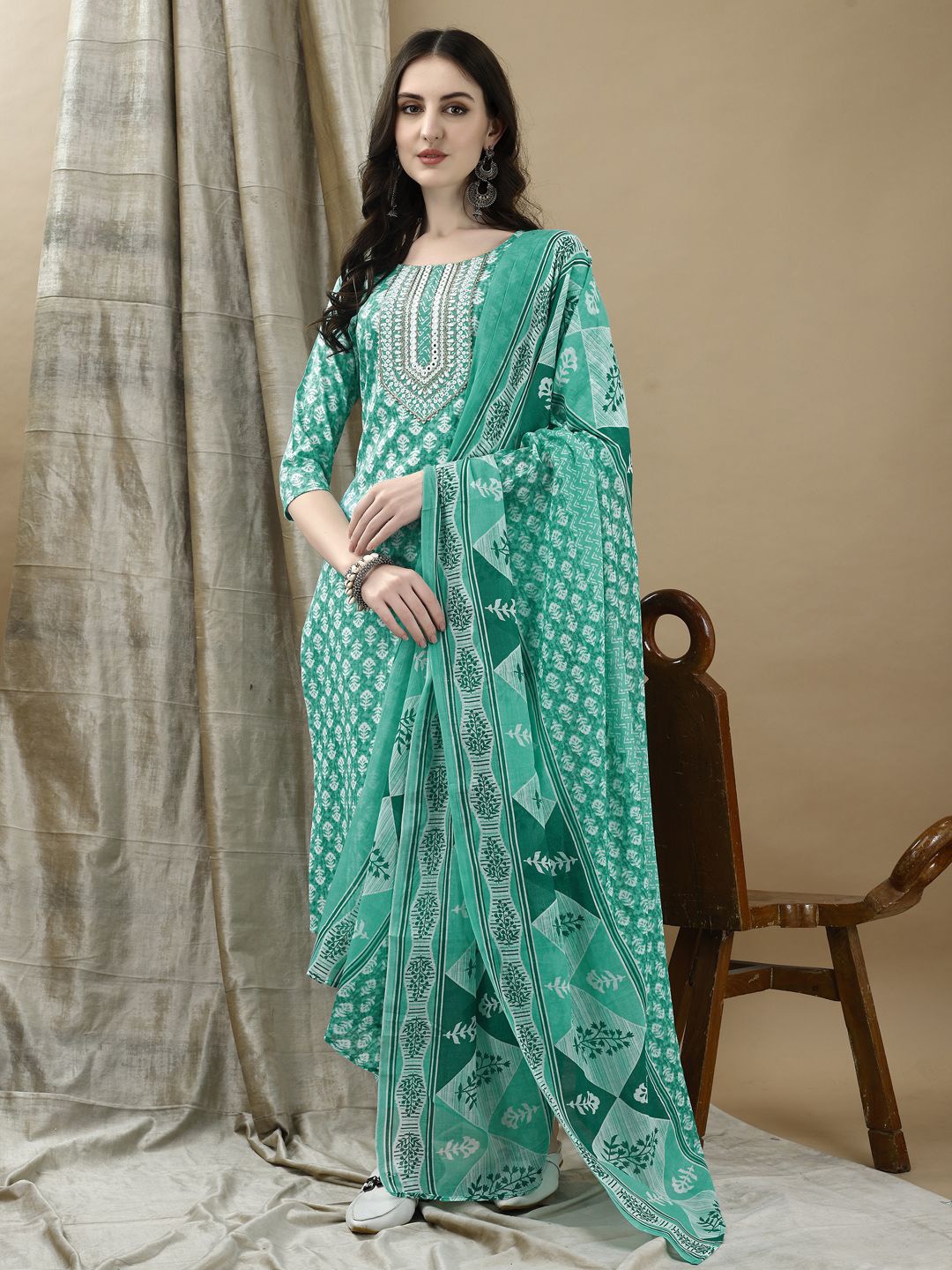 KALINI Ethnic Motifs Printed Thread Work Straight Kurta With Trouser & Dupatta, Green
KALINI Ethnic Motifs Printed Thread Work Straight Kurta With Trouser & Dupatta, Green