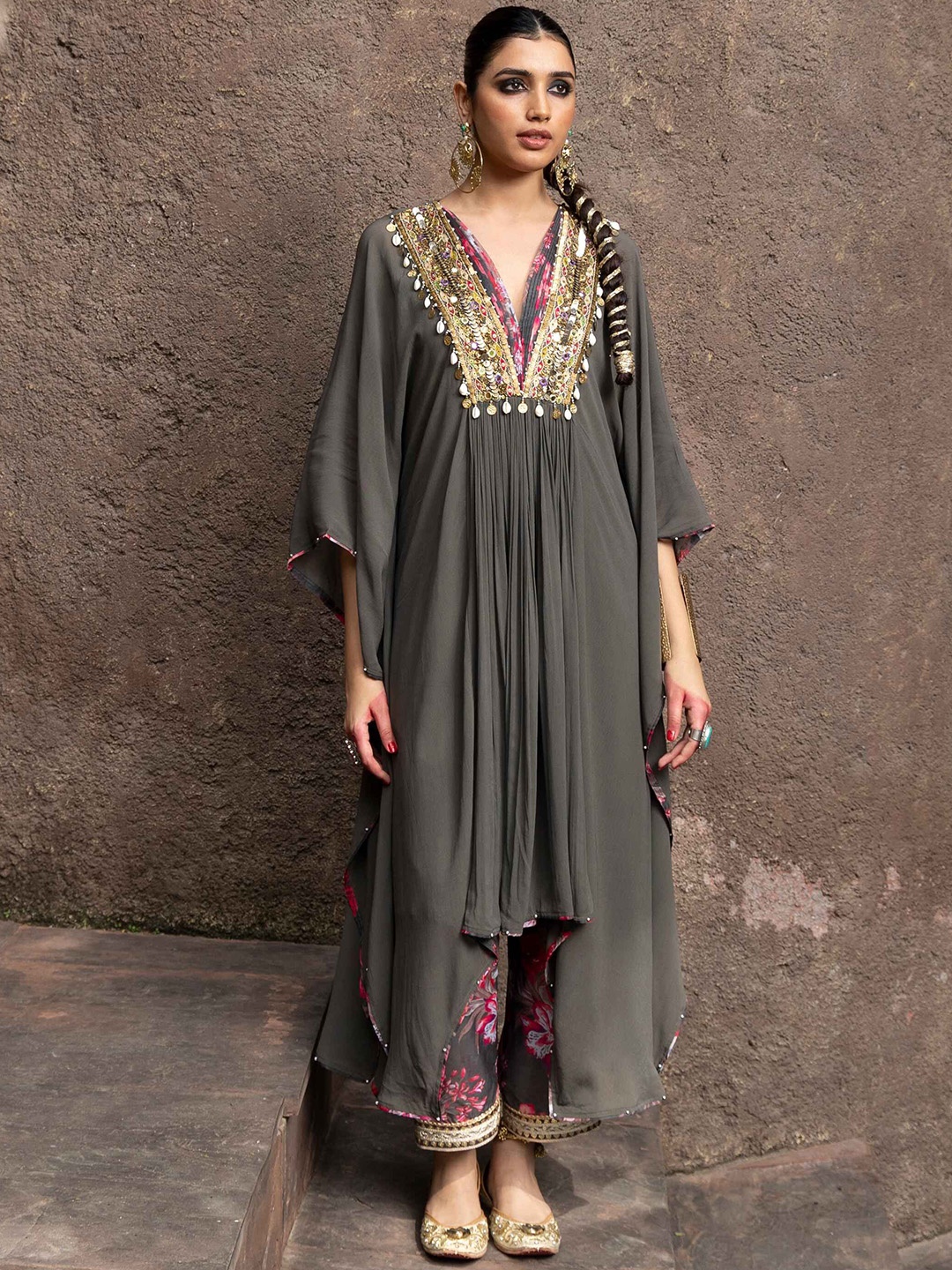 Seeaash Ethnic Motifs Yoke Design Thread Work Georgette Kaftan Kurta With Trouser, Charcoal
Seeaash Ethnic Motifs Yoke Design Thread Work Georgette Kaftan Kurta With Trouser, Charcoal