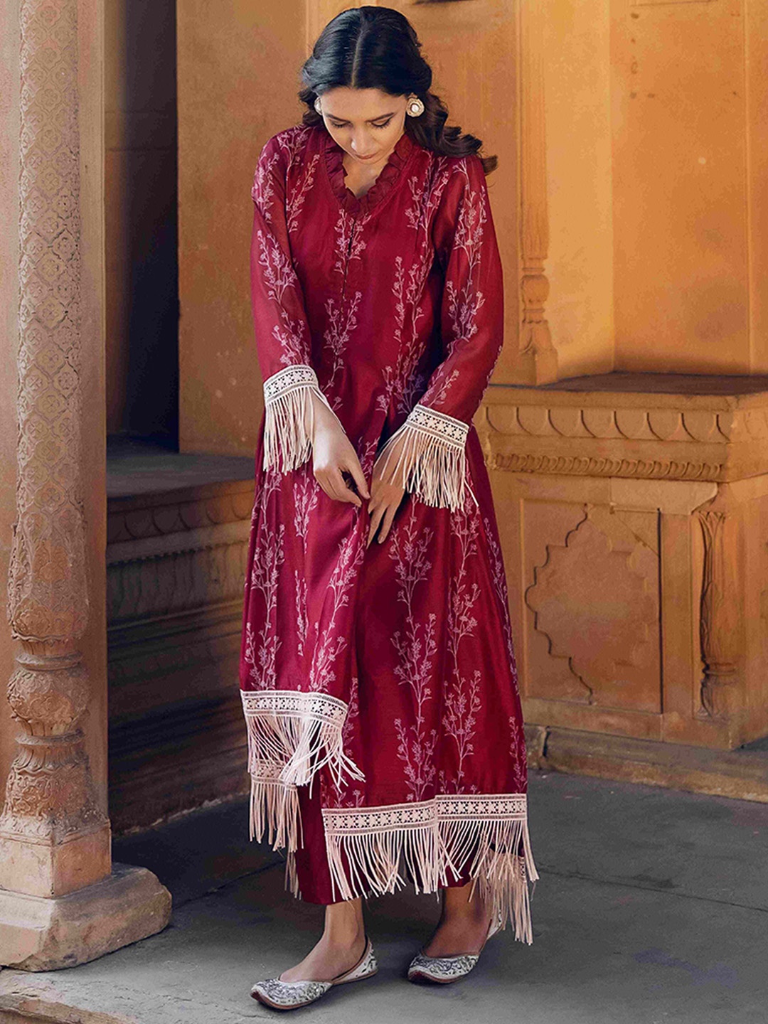 Seeaash Ethnic Motifs Printed Thread Work Chanderi Silk A-Line Kurta With Trousers, Red
Seeaash Ethnic Motifs Printed Thread Work Chanderi Silk A-Line Kurta With Trousers, Red