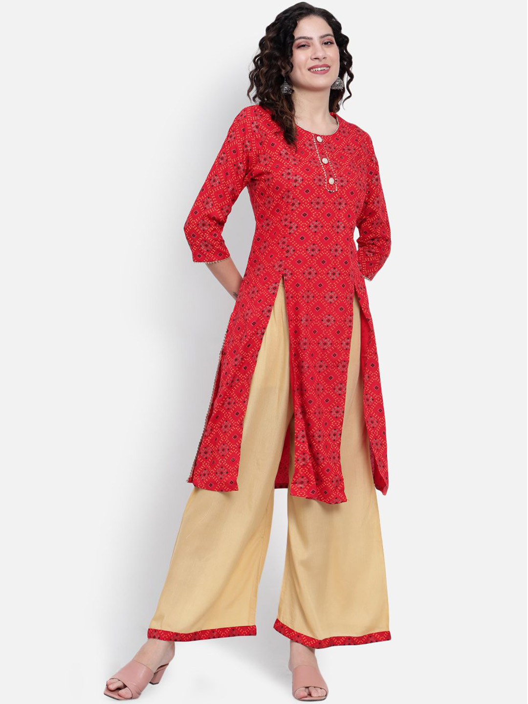 JAY FASHION007 Ethnic Motifs Gotta Patti Pure Cotton Straight Kurta With Palazzos, Red
JAY FASHION007 Ethnic Motifs Gotta Patti Pure Cotton Straight Kurta With Palazzos, Red