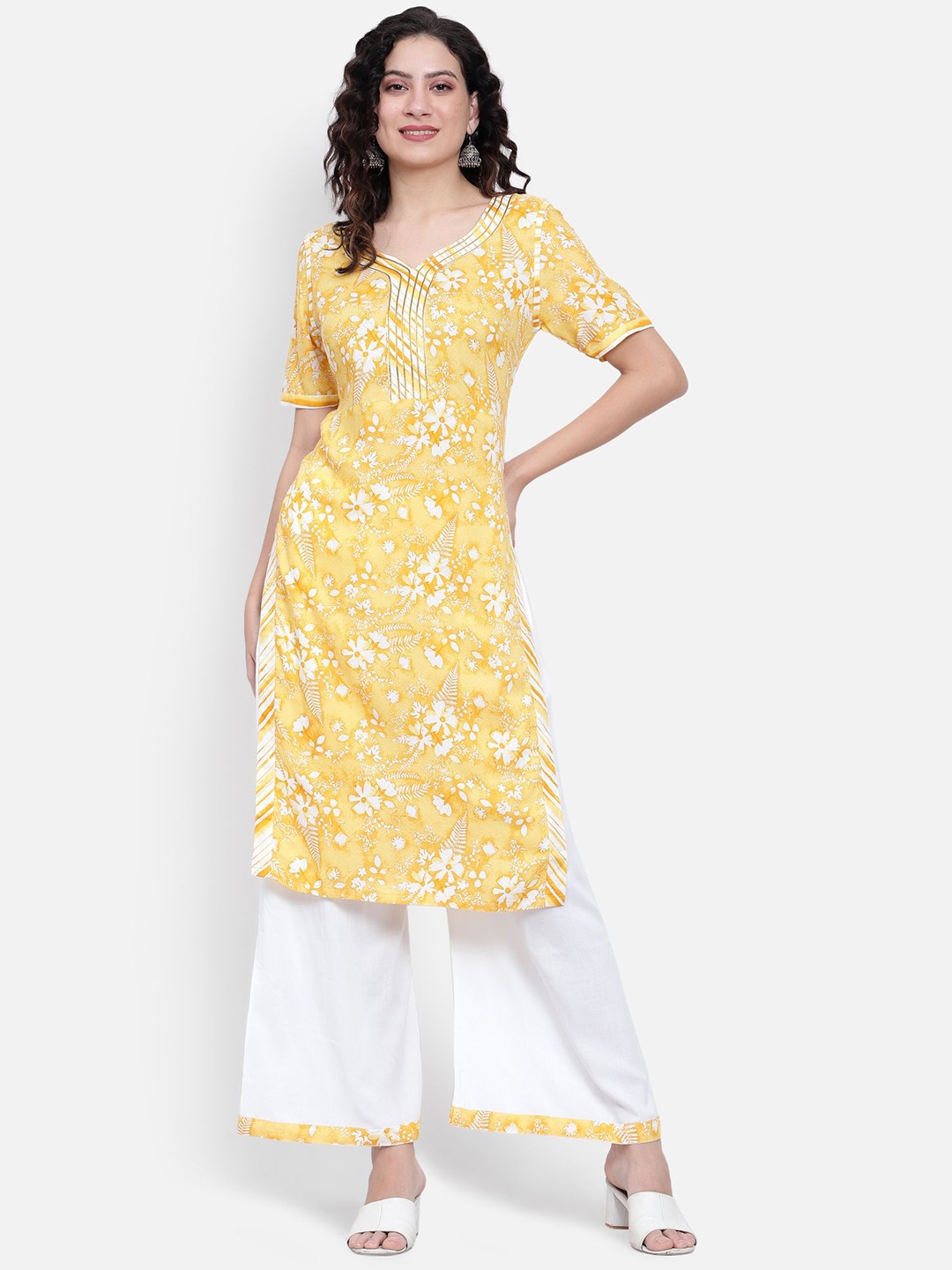 JAY FASHION007 Floral Printed V-Neck Zari Pure Cotton Straight Kurta With Palazzos, Yellow
JAY FASHION007 Floral Printed V-Neck Zari Pure Cotton Straight Kurta With Palazzos, Yellow