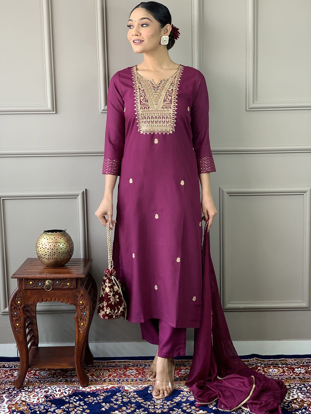 KALINI Floral Embroidered Sequinned Yoke Design Zari Kurta With Trousers & Dupatta, Purple
KALINI Floral Embroidered Sequinned Yoke Design Zari Kurta With Trousers & Dupatta, Purple