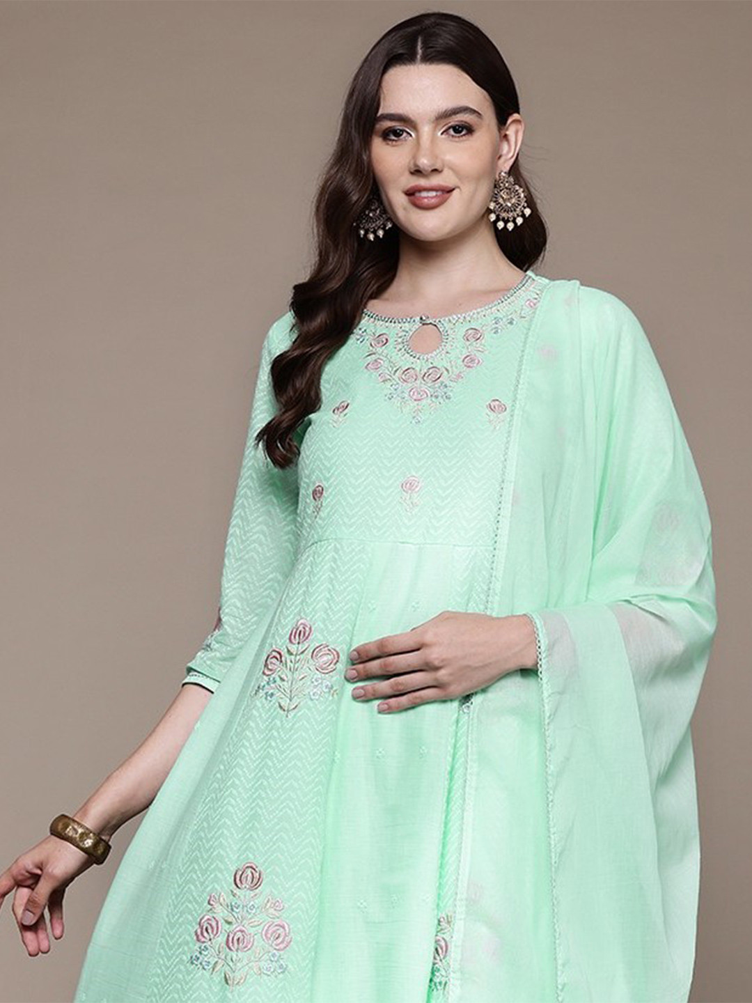 Readiprint Fashions Women Floral Embroidered Empire Kurta with Palazzos & With Dupatta, Sea green
Readiprint Fashions Women Floral Embroidered Empire Kurta with Palazzos & With Dupatta, Sea green