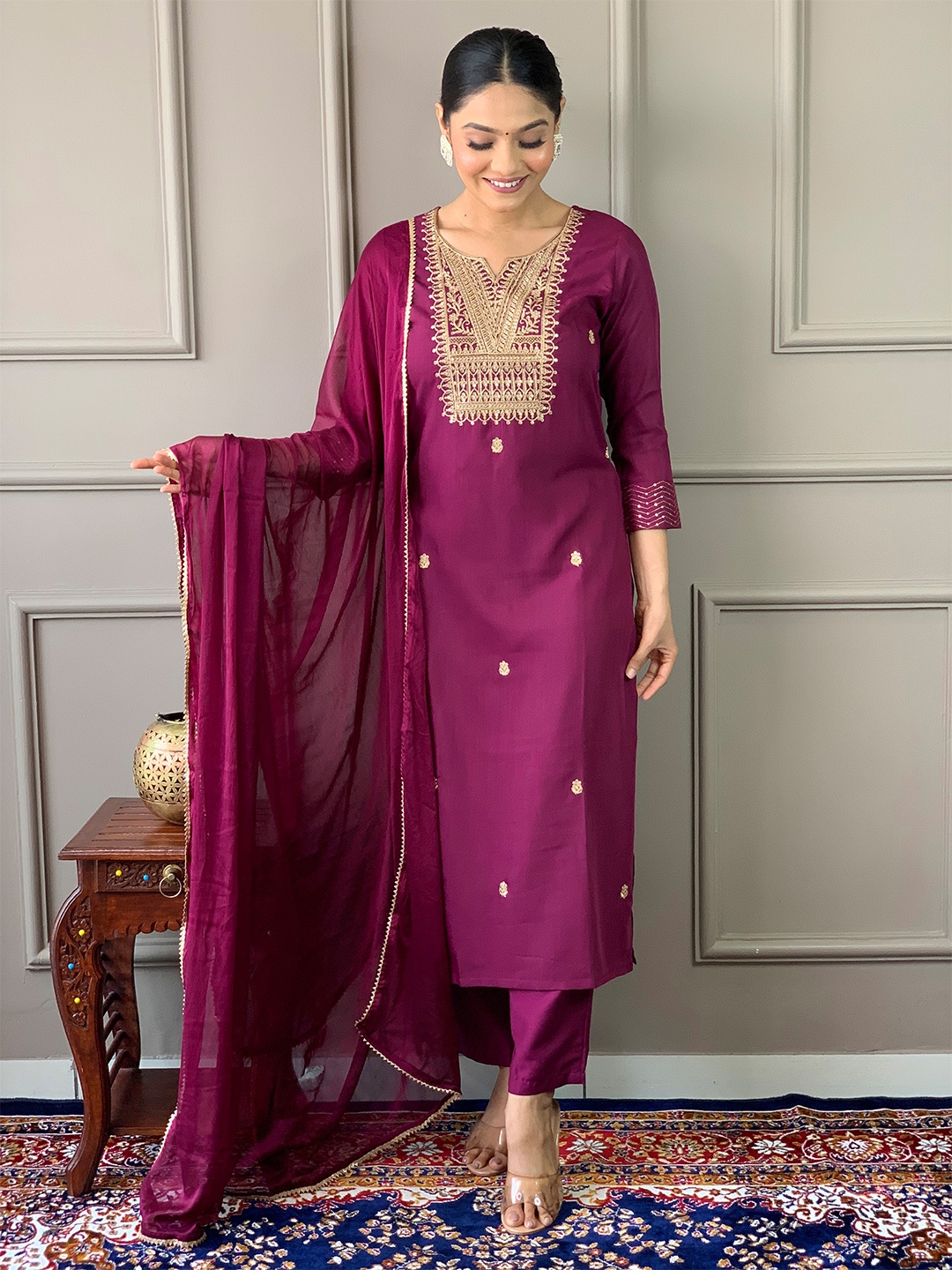 KALINI Floral Embroidered Sequinned Yoke Design Zari Kurta With Trousers & Dupatta, Purple
KALINI Floral Embroidered Sequinned Yoke Design Zari Kurta With Trousers & Dupatta, Purple