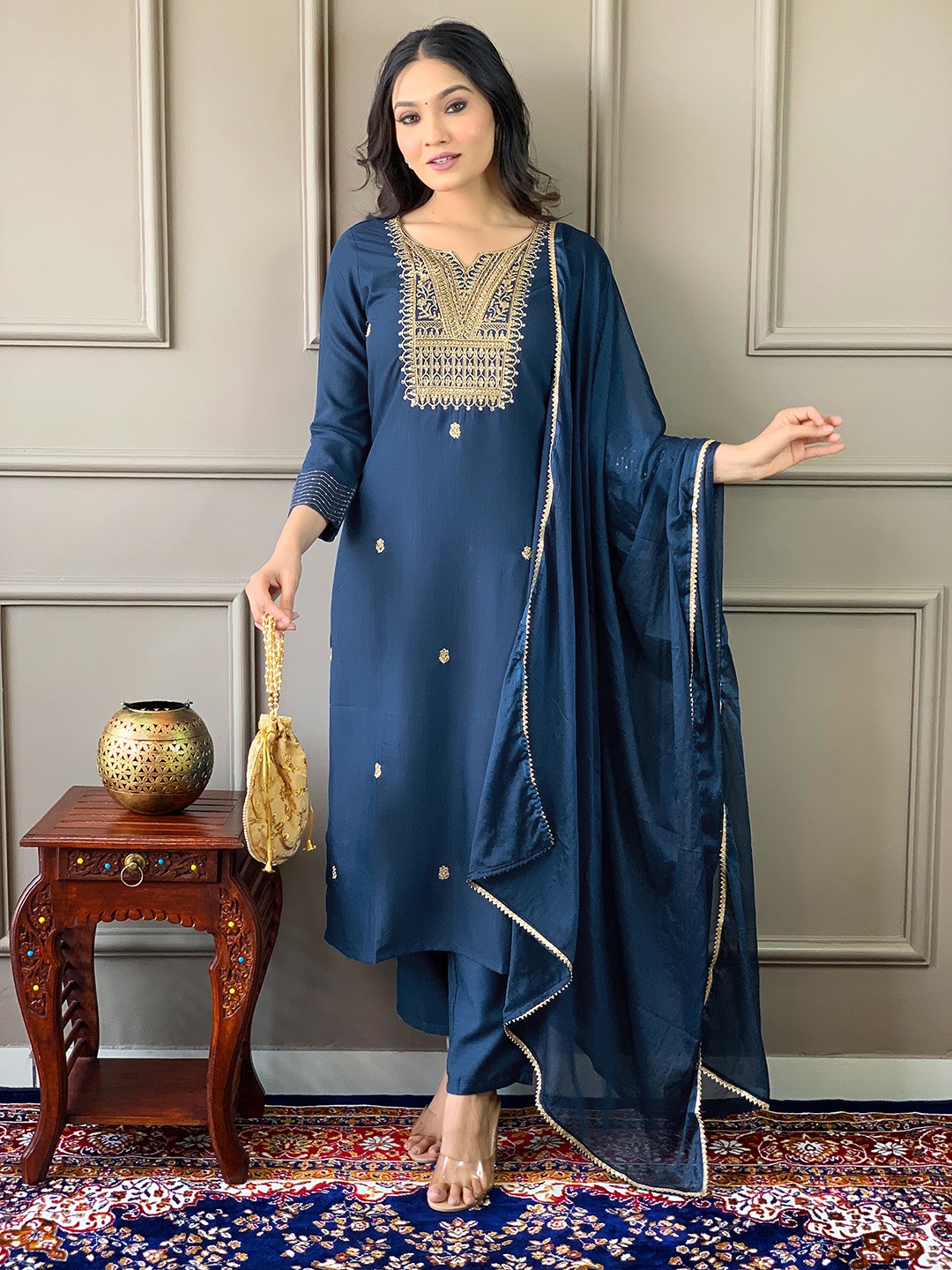 KALINI Ethnic Motifs Embroidered Zari Straight Kurta With Trouser & Dupatta, Blue
KALINI Ethnic Motifs Embroidered Zari Straight Kurta With Trouser & Dupatta, Blue