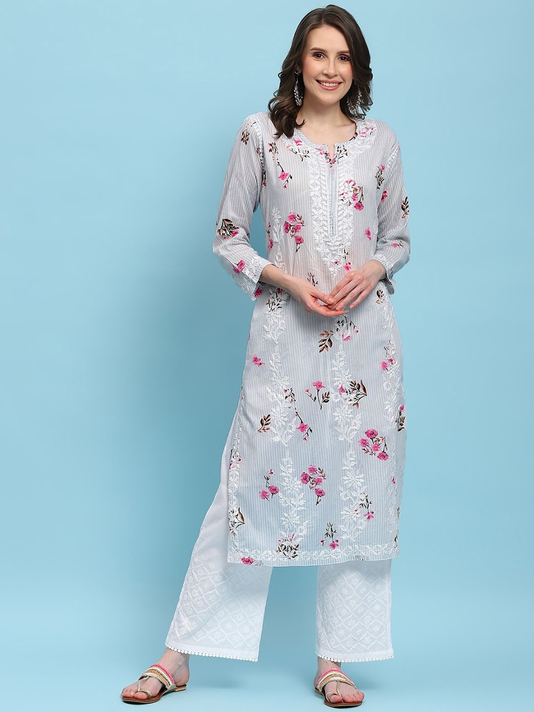 House of Chikankari Floral Printed Embroidered Chikankari Cotton Straight Kurta, Grey
House of Chikankari Floral Printed Embroidered Chikankari Cotton Straight Kurta, Grey