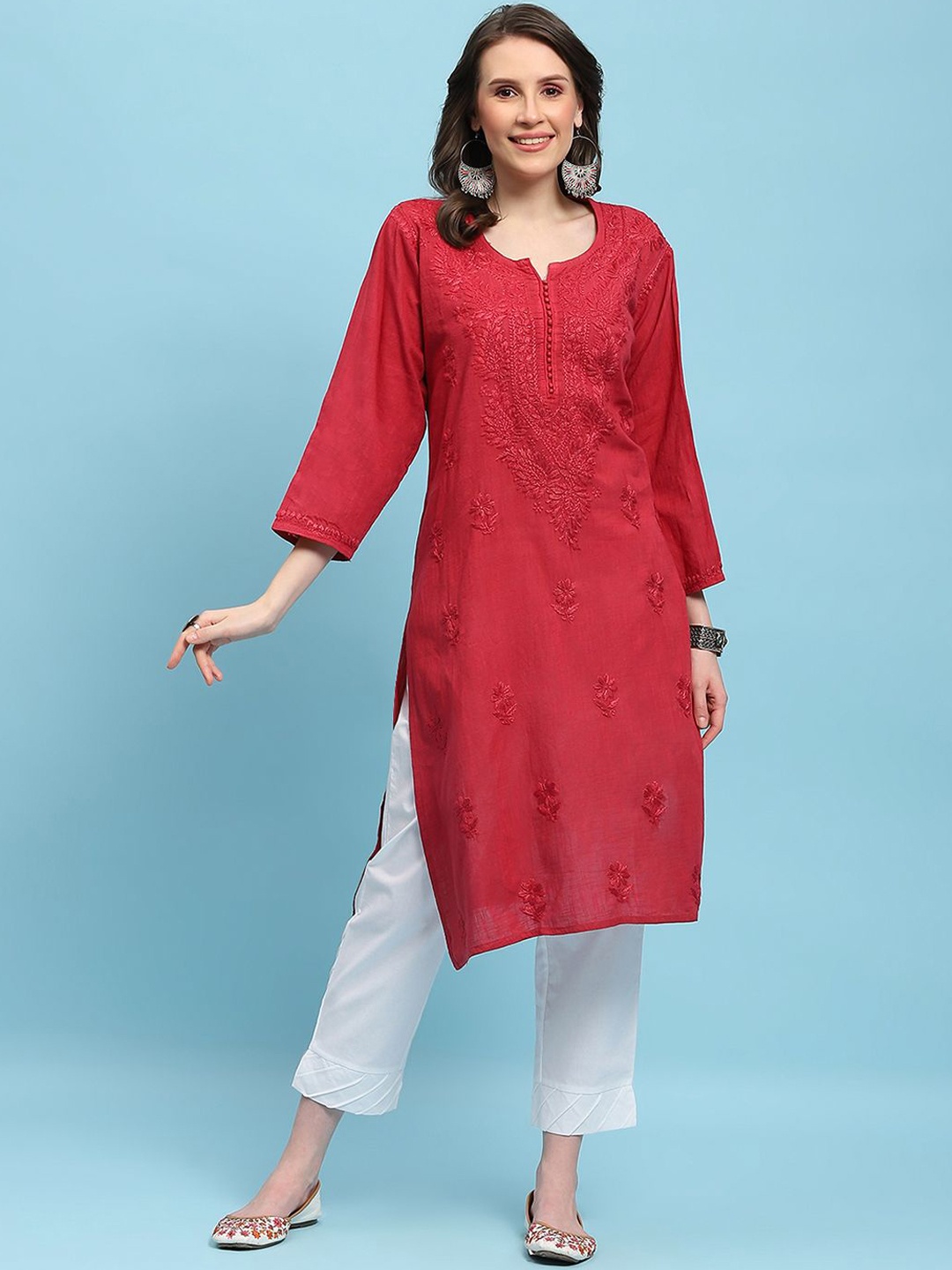 House of Chikankari Floral Embroidered Notch Neck Chikankari Cotton Straight Kurta, Red
House of Chikankari Floral Embroidered Notch Neck Chikankari Cotton Straight Kurta, Red