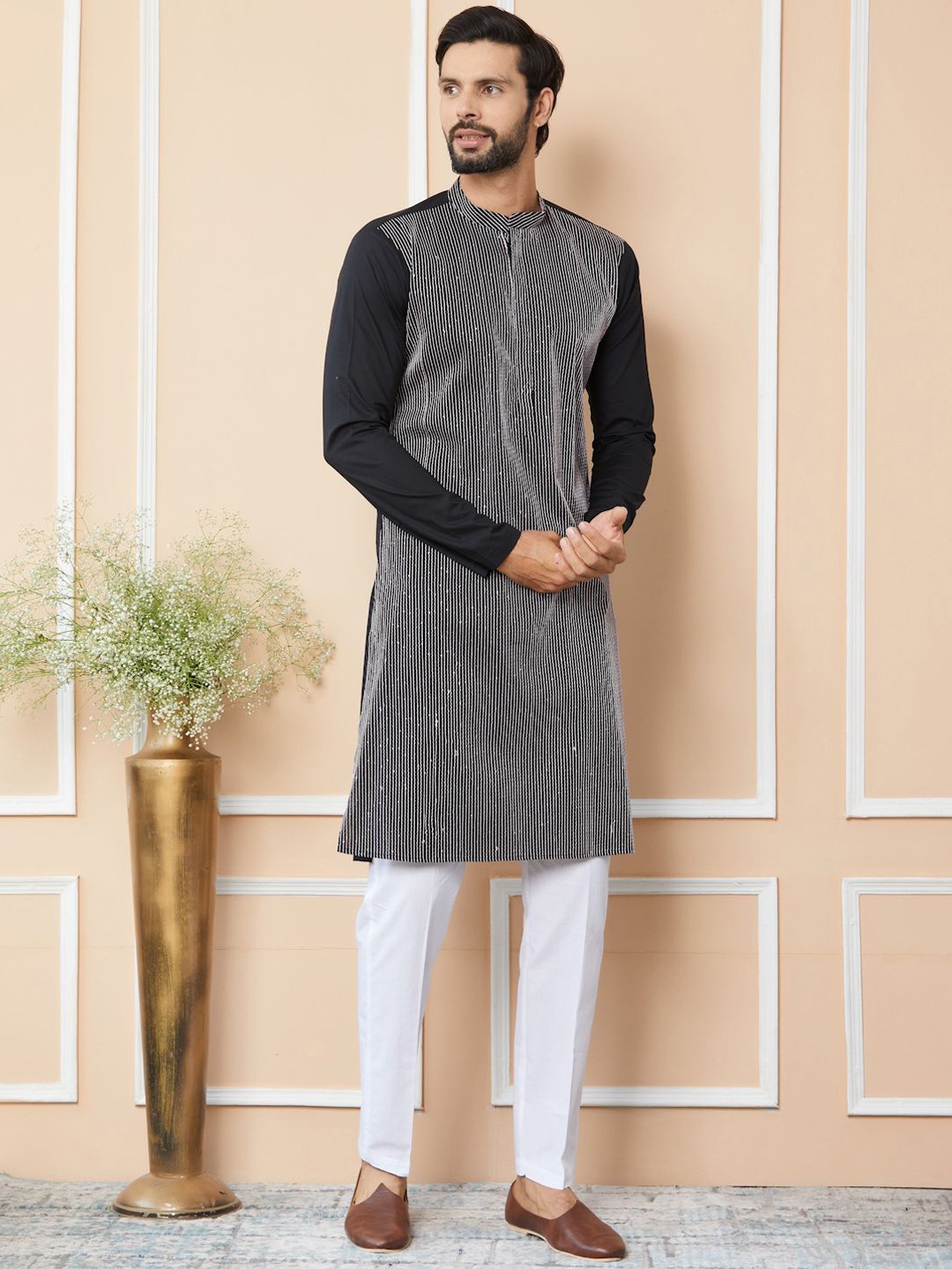 See Designs Mandarin Collar Long Sleeves Striped Thread Work Cotton Straight Kurta, Black
See Designs Mandarin Collar Long Sleeves Striped Thread Work Cotton Straight Kurta, Black