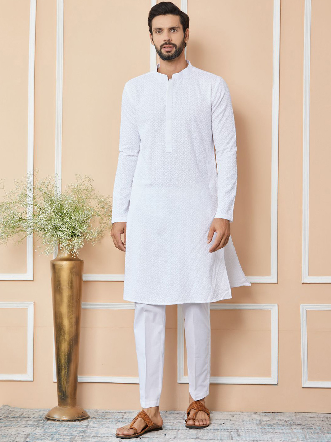 See Designs Mandarin Collar Long Sleeves Geometric Thread Work Cotton Straight Kurta, White
See Designs Mandarin Collar Long Sleeves Geometric Thread Work Cotton Straight Kurta, White