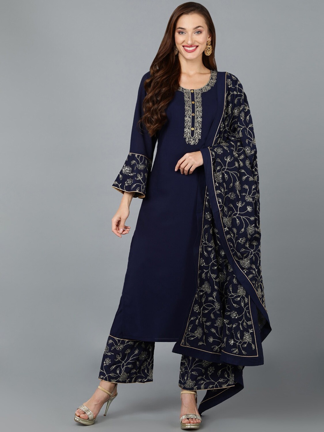 KALINI Floral Embroidered Bell Sleeves Straight Kurta with Palazzos & Dupatta, Navy blue
KALINI Floral Embroidered Bell Sleeves Straight Kurta with Palazzos & Dupatta, Navy blue