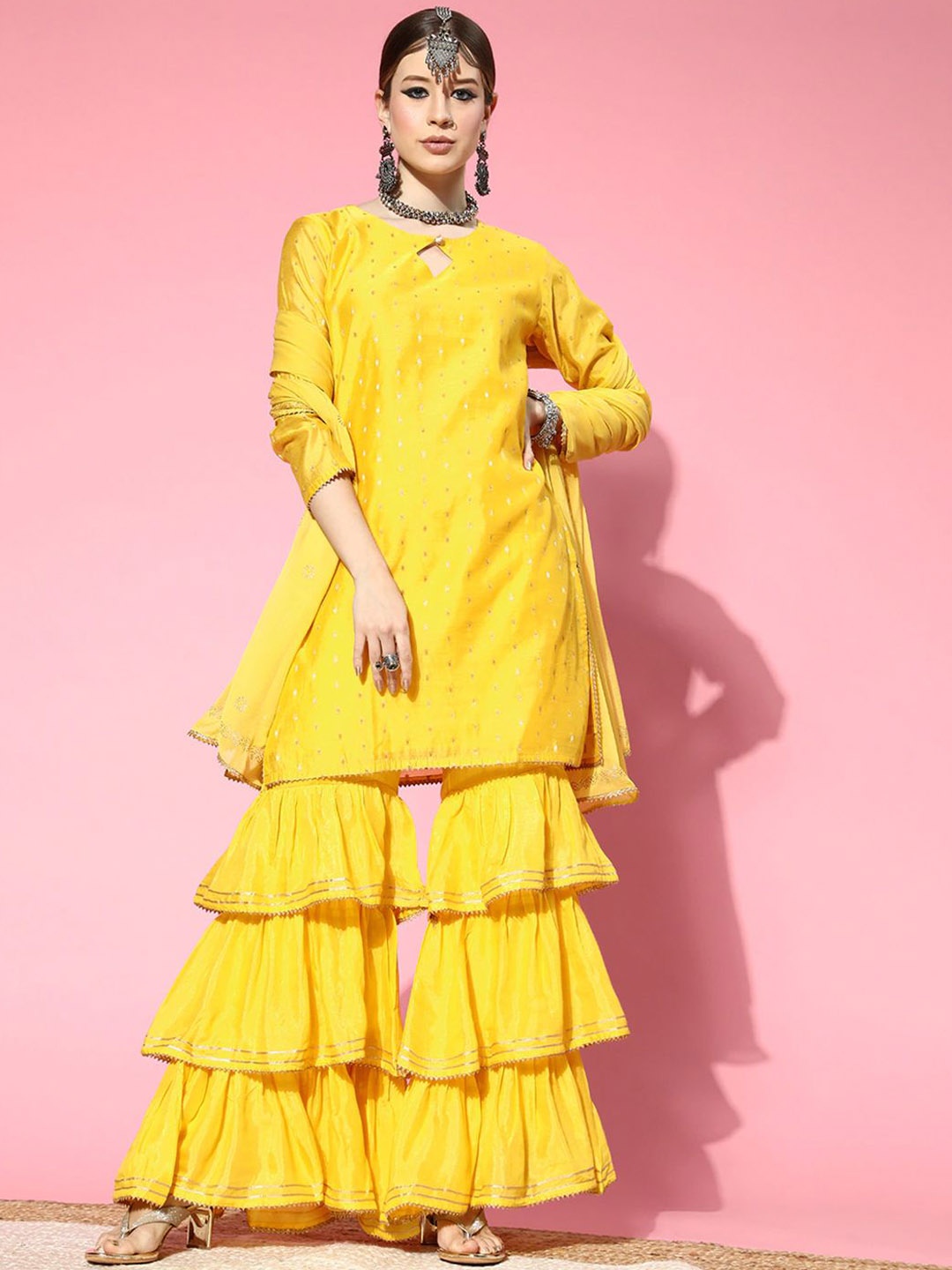 KALINI Plus Size Geometric Woven Design Keyhole Neck Straight Kurta Sharara & Dupatta, Yellow
KALINI Plus Size Geometric Woven Design Keyhole Neck Straight Kurta Sharara & Dupatta, Yellow