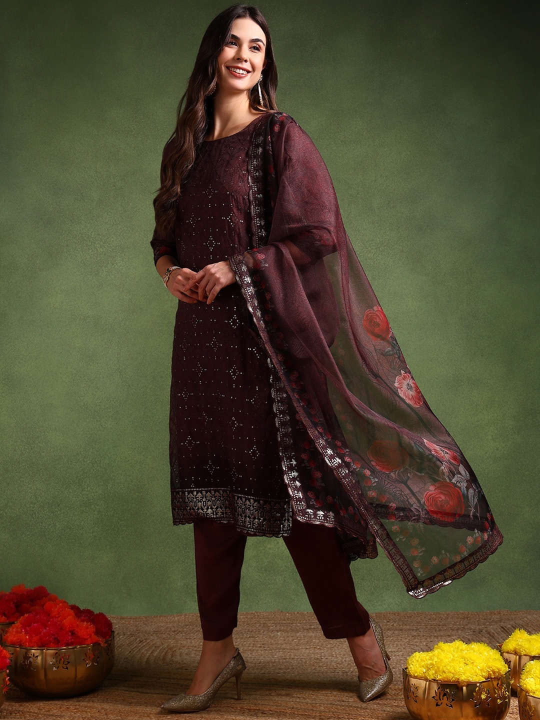 KALINI Ethnic Motifs Embroidered Sequinned Straight Kurta with Trousers & With Dupatta, Brown
KALINI Ethnic Motifs Embroidered Sequinned Straight Kurta with Trousers & With Dupatta, Brown