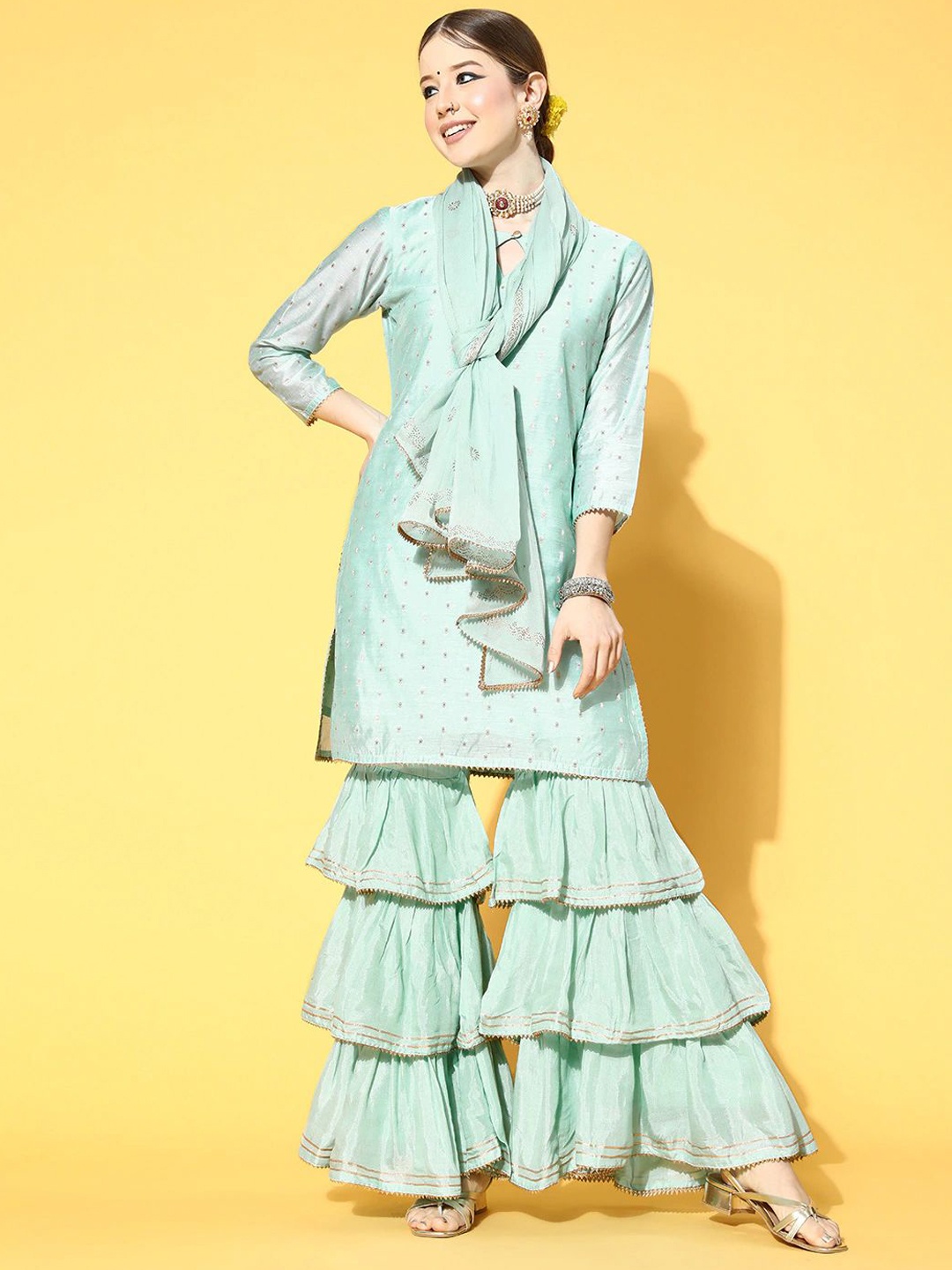 KALINI Geometric Woven Design Keyhole Neck Straight Kurta with Sharara & Dupatta, Blue
KALINI Geometric Woven Design Keyhole Neck Straight Kurta with Sharara & Dupatta, Blue