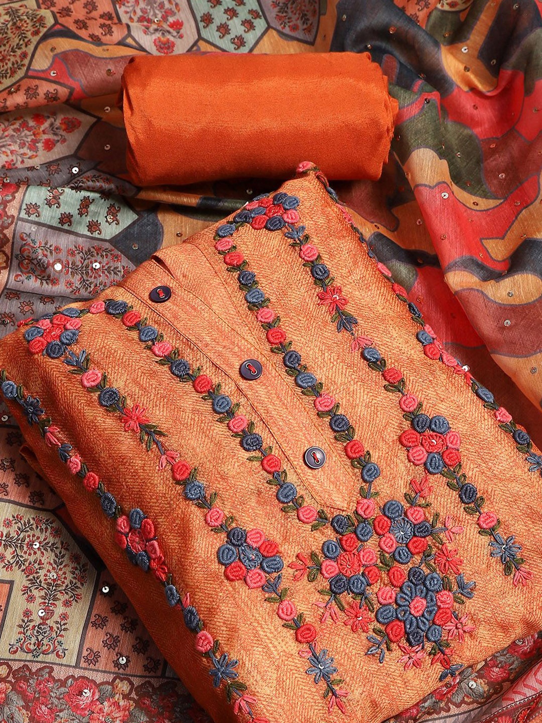 Biba Embroidered Unstitched Dress Material, Orange