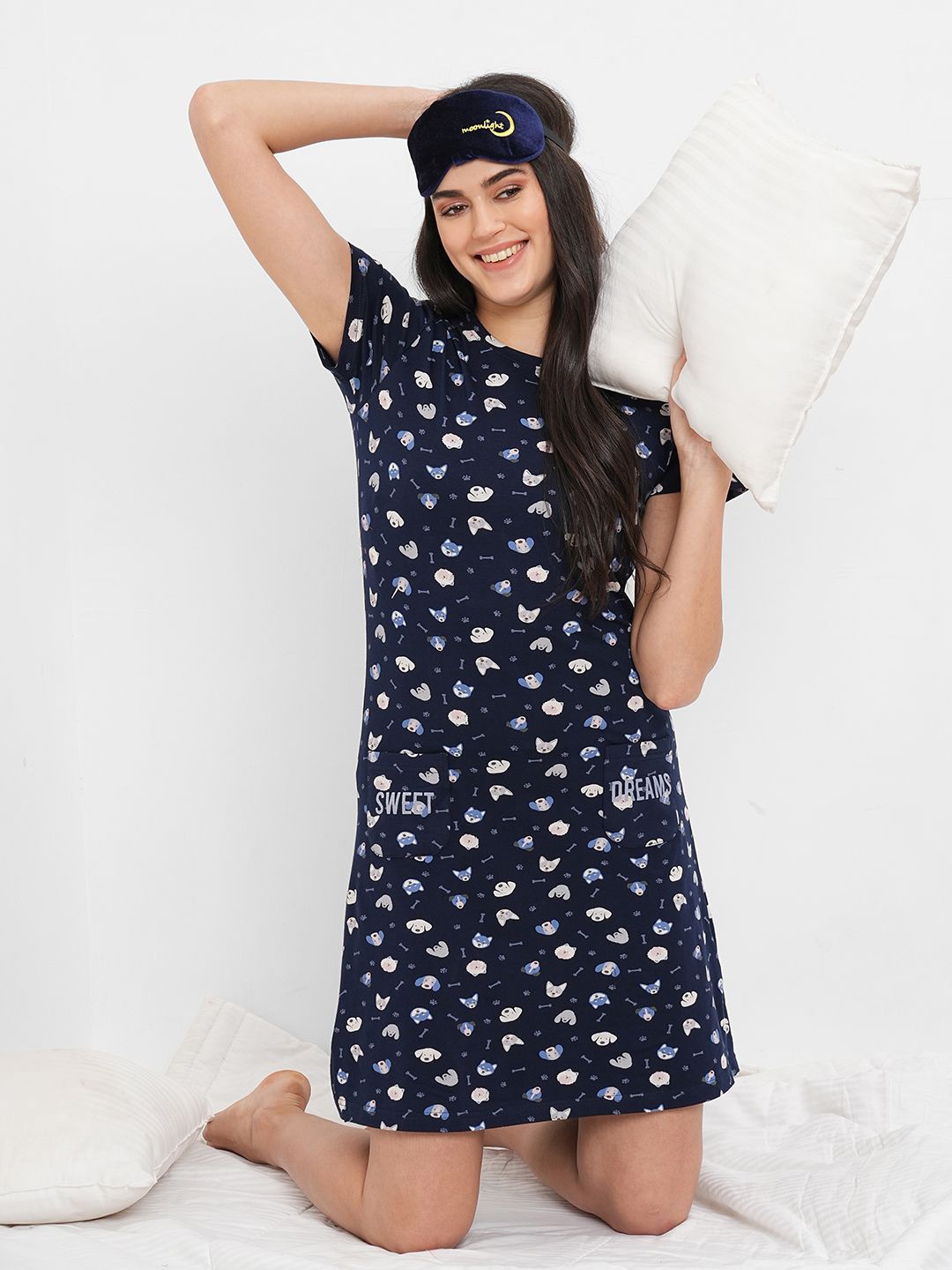 Sweet Dreams Navy Blue & White Conversational Printed Pure Cotton T-shirt Nightdress
Sweet Dreams Navy Blue & White Conversational Printed Pure Cotton T-shirt Nightdress