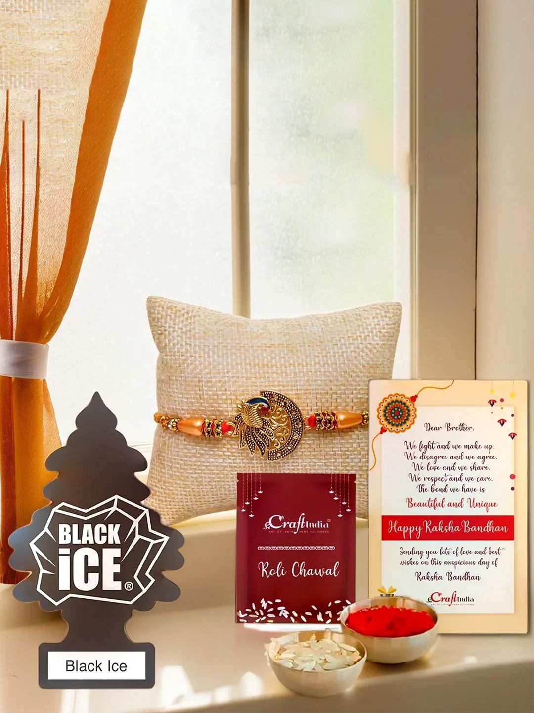 eCraftIndia Set Of 2 Peacock Charm Rakhi With Air Freshener Black Ice Pack & Roli Chawal, Gold
eCraftIndia Set Of 2 Peacock Charm Rakhi With Air Freshener Black Ice Pack & Roli Chawal, Gold