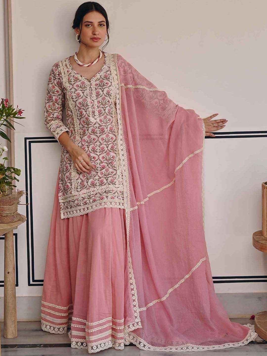 KARAJ JAIPUR Floral Printed Regular Thread Work Pure Cotton Kurta with Skirt & Dupatta, Pink
KARAJ JAIPUR Floral Printed Regular Thread Work Pure Cotton Kurta with Skirt & Dupatta, Pink