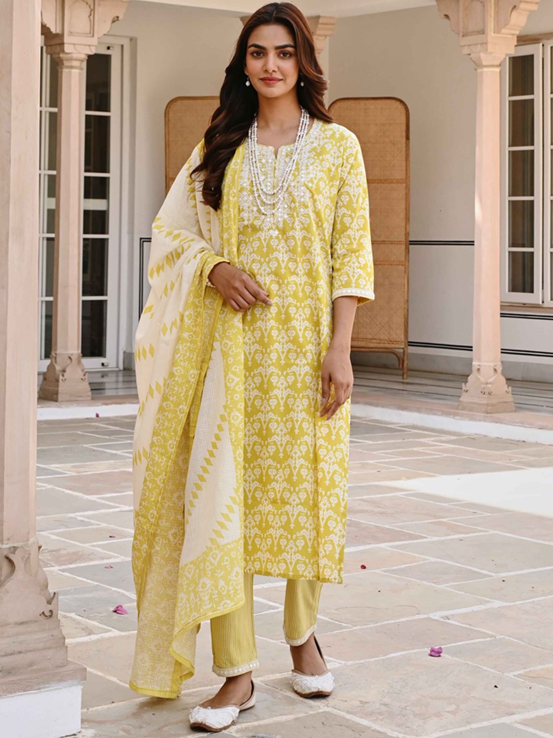 KARAJ JAIPUR Ethnic Motifs Printed Regular Pure Cotton Kurta with Trousers & Dupatta, Yellow
KARAJ JAIPUR Ethnic Motifs Printed Regular Pure Cotton Kurta with Trousers & Dupatta, Yellow