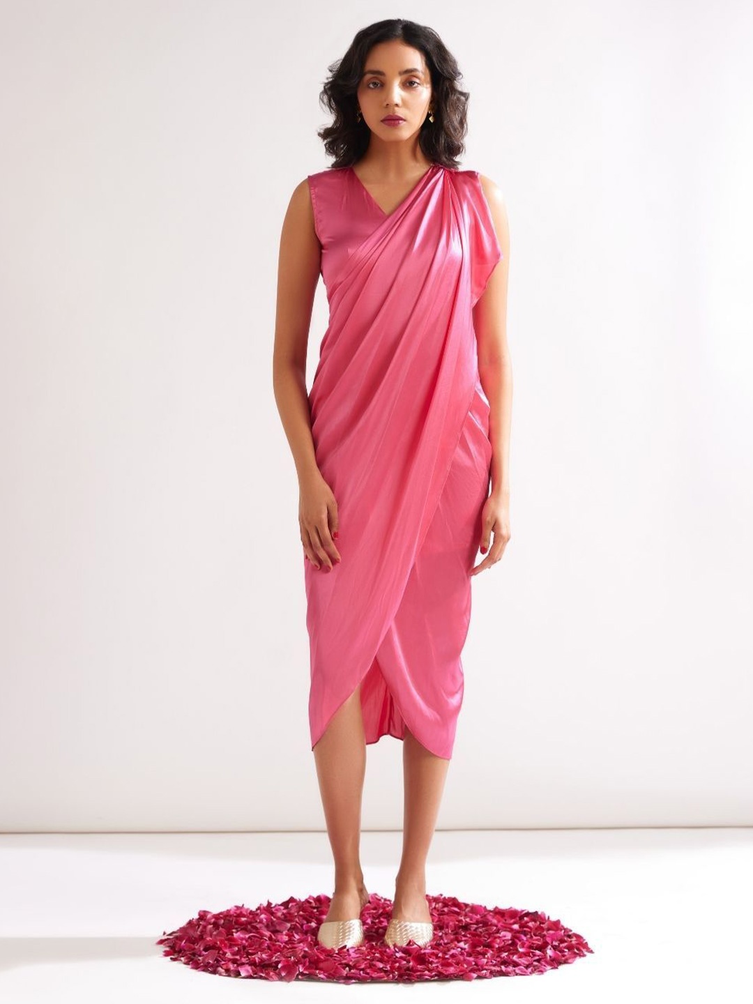 Abhishti V-Neck Satin Wrap Midi Dress, Pink
