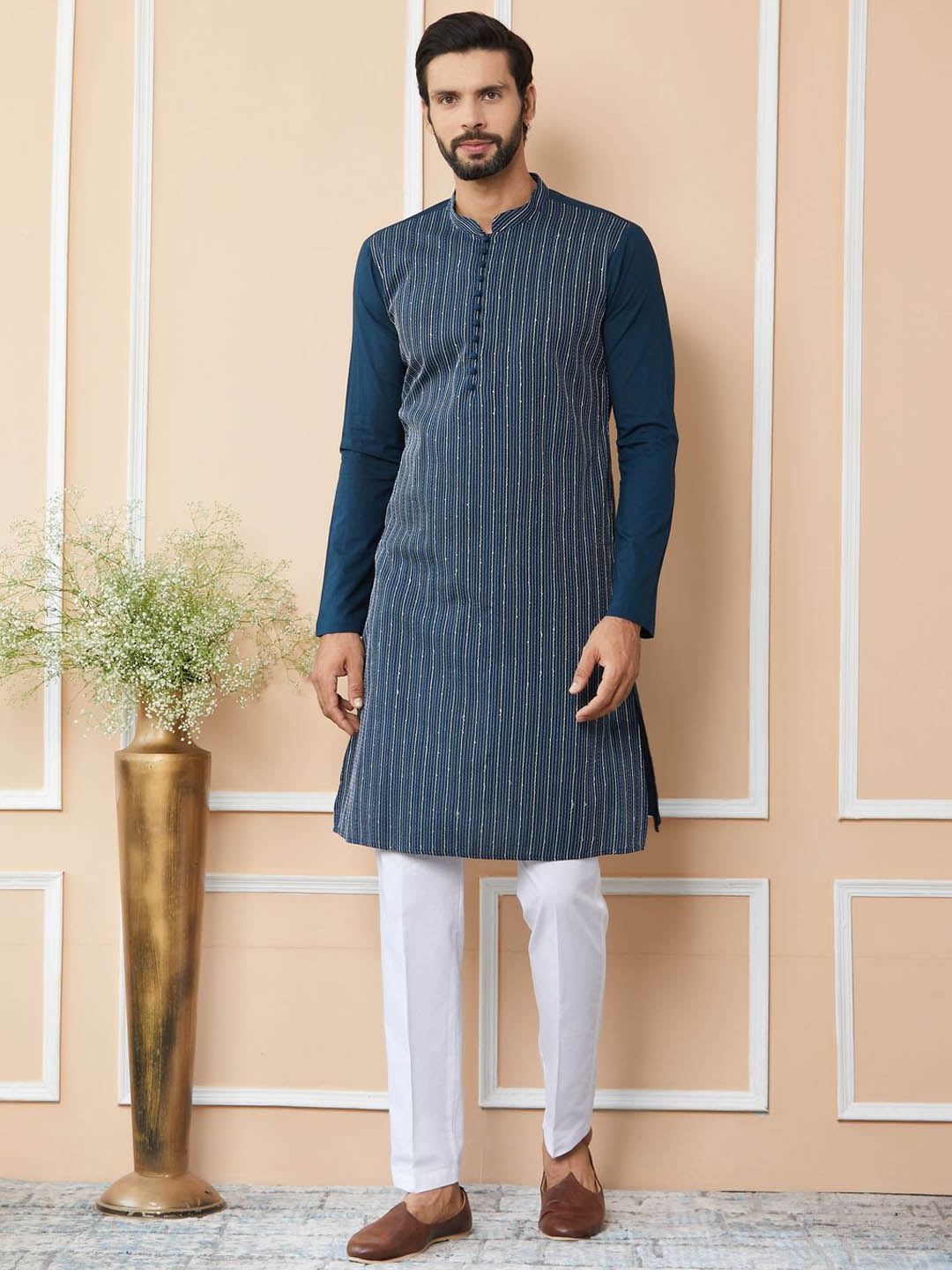 See Designs Striped Mandarin Collar Thread Work Pure Cotton Straight Kurta With Trousers, Blue
See Designs Striped Mandarin Collar Thread Work Pure Cotton Straight Kurta With Trousers, Blue
