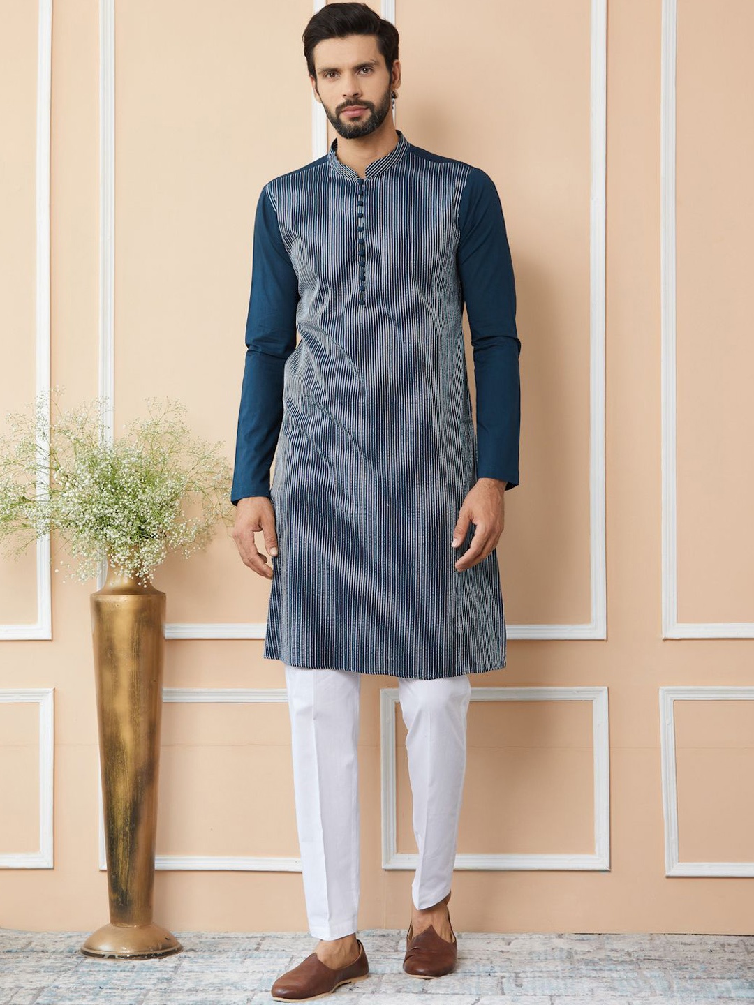 See Designs Striped Mandarin Collar Thread Work Pure Cotton Straight Kurta With Trousers, Blue
See Designs Striped Mandarin Collar Thread Work Pure Cotton Straight Kurta With Trousers, Blue