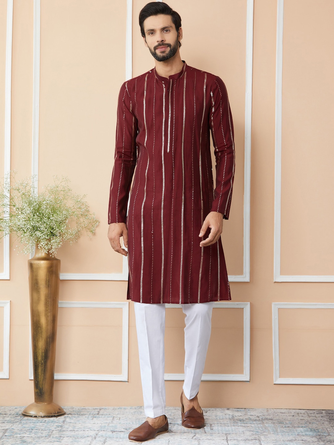 See Designs Striped Mandarin Collar Thread Work Pure Cotton Straight Kurta With Trousers, Maroon
See Designs Striped Mandarin Collar Thread Work Pure Cotton Straight Kurta With Trousers, Maroon
