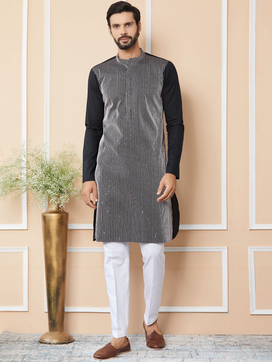 See Designs Striped Mandarin Collar Thread Work Pure Cotton Straight Kurta With Trousers, Black
See Designs Striped Mandarin Collar Thread Work Pure Cotton Straight Kurta With Trousers, Black