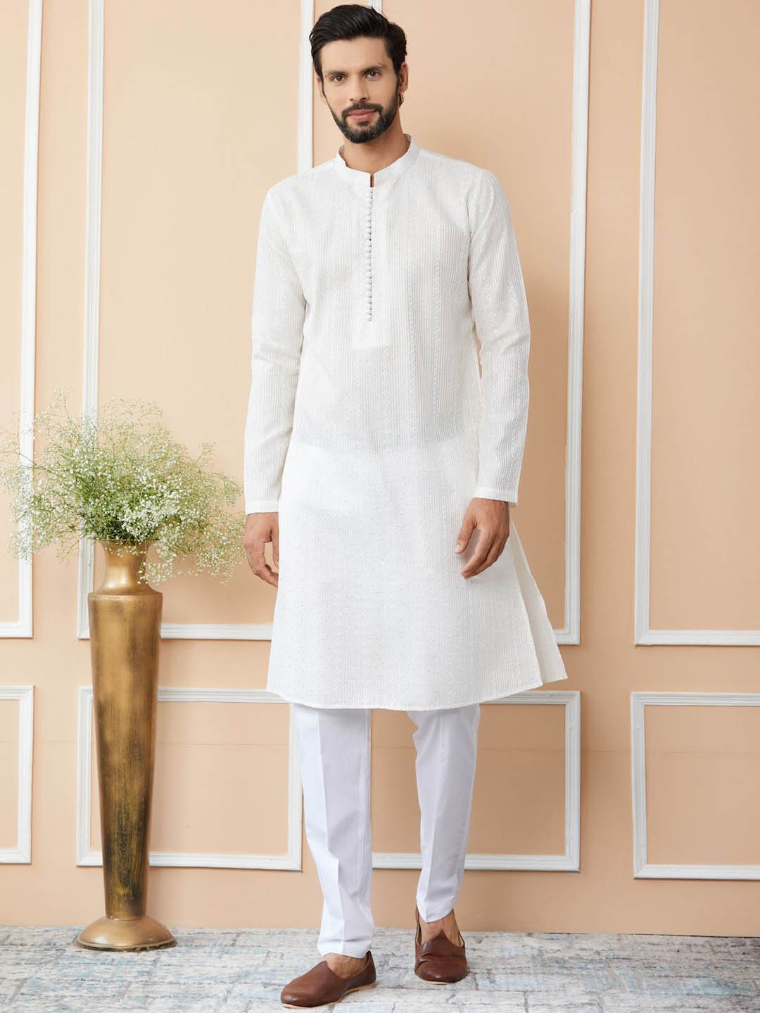 See Designs Striped Mandarin Collar Thread Work Chanderi Silk Straight Kurta With Trousers, Off white
See Designs Striped Mandarin Collar Thread Work Chanderi Silk Straight Kurta With Trousers, Off white