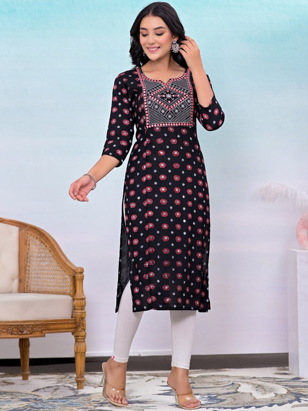 KALINI Geometric Printed Embroidered Thread Work Round Neck Three Quarter Sleeves Kurta, Black
KALINI Geometric Printed Embroidered Thread Work Round Neck Three Quarter Sleeves Kurta, Black