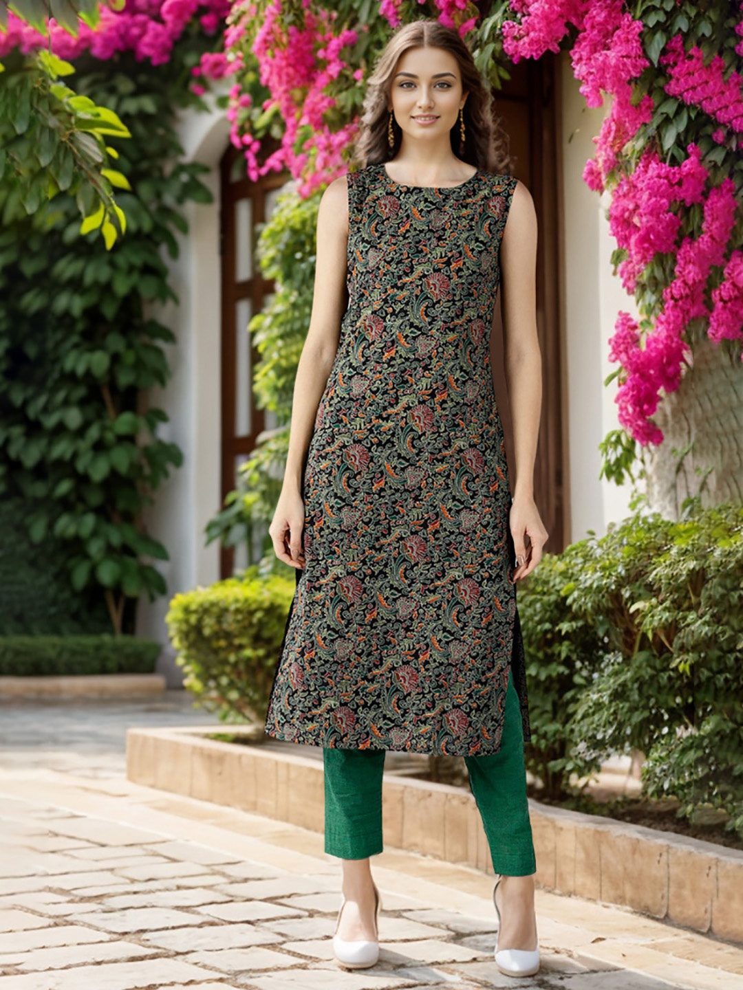 KALINI Floral Embroidered Round Neck Sleeveless Thread Work Straight Kurta, Black
KALINI Floral Embroidered Round Neck Sleeveless Thread Work Straight Kurta, Black