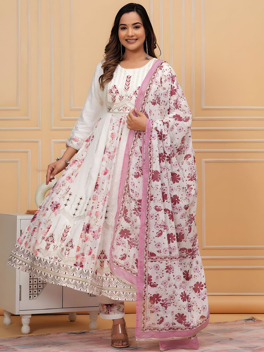 KALINI Floral Embroidered Chikankari Pure Cotton Anarkali Kurta With Trousers & Dupatta, White
KALINI Floral Embroidered Chikankari Pure Cotton Anarkali Kurta With Trousers & Dupatta, White